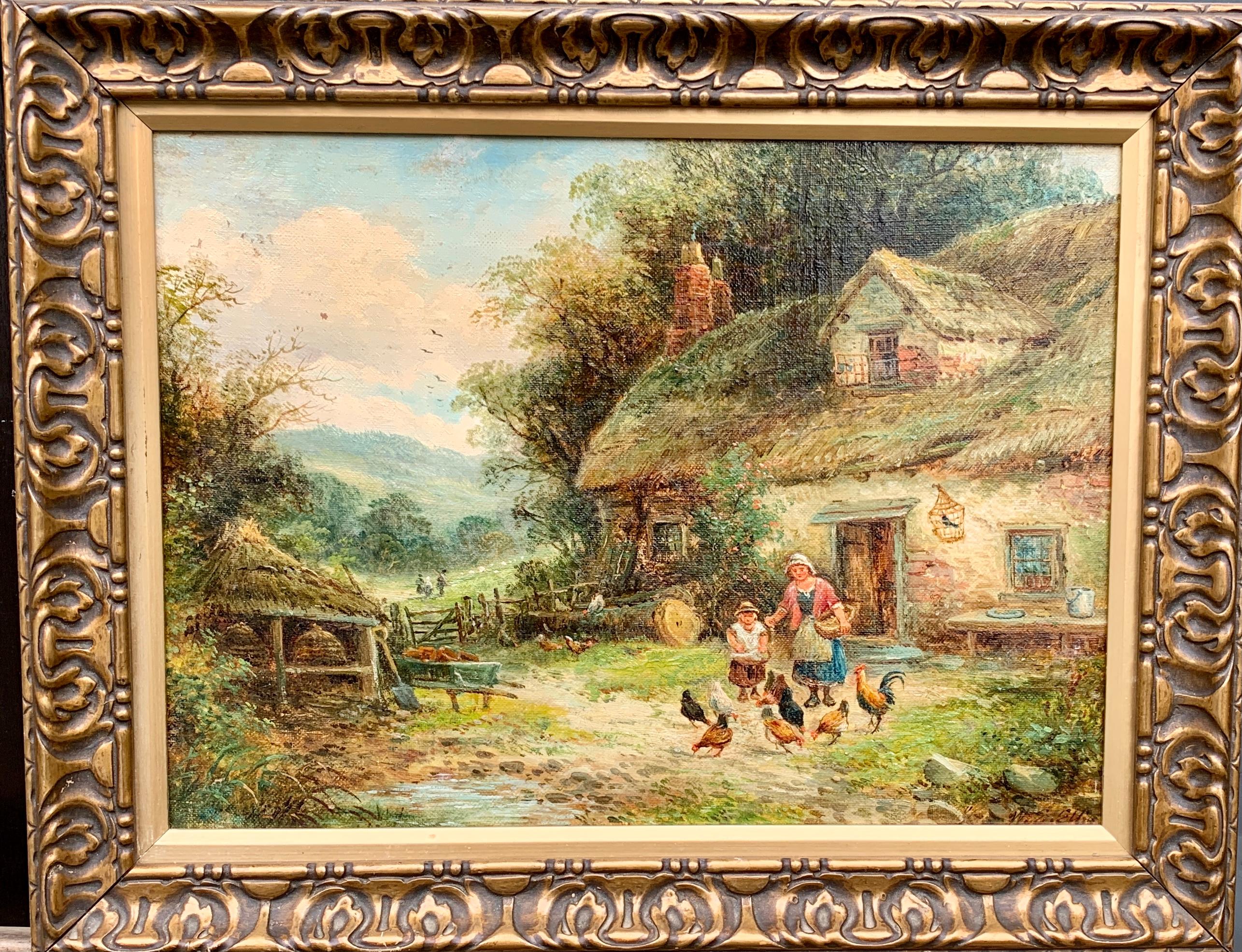 19th century English cottage landscape with mother and child feeding chickens - Painting by Walter Ellis