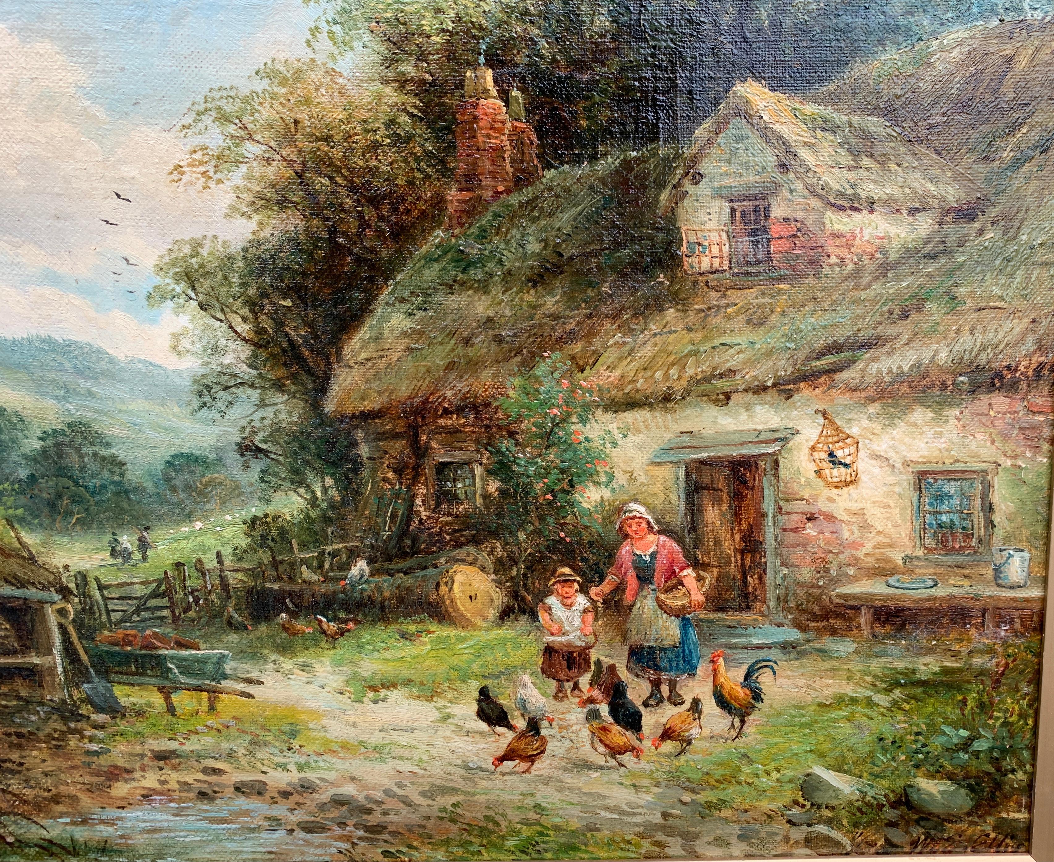 Paysage de cottage anglais du 19ème siècle avec mère et enfant nourrissant des poulets - Victorien Painting par Walter Ellis