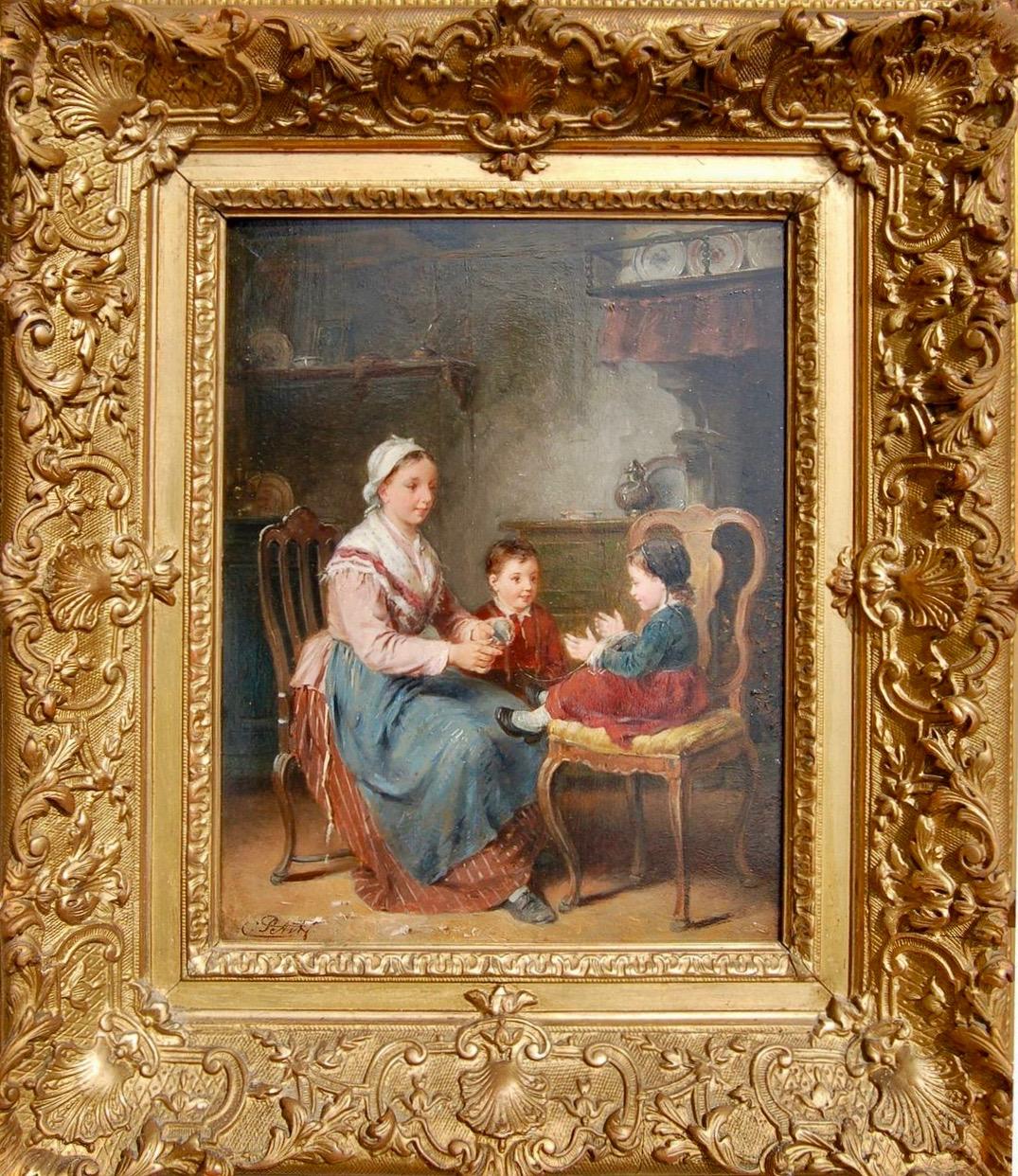 19th century interior of a mother with her children playing together - Painting by Charles Petit