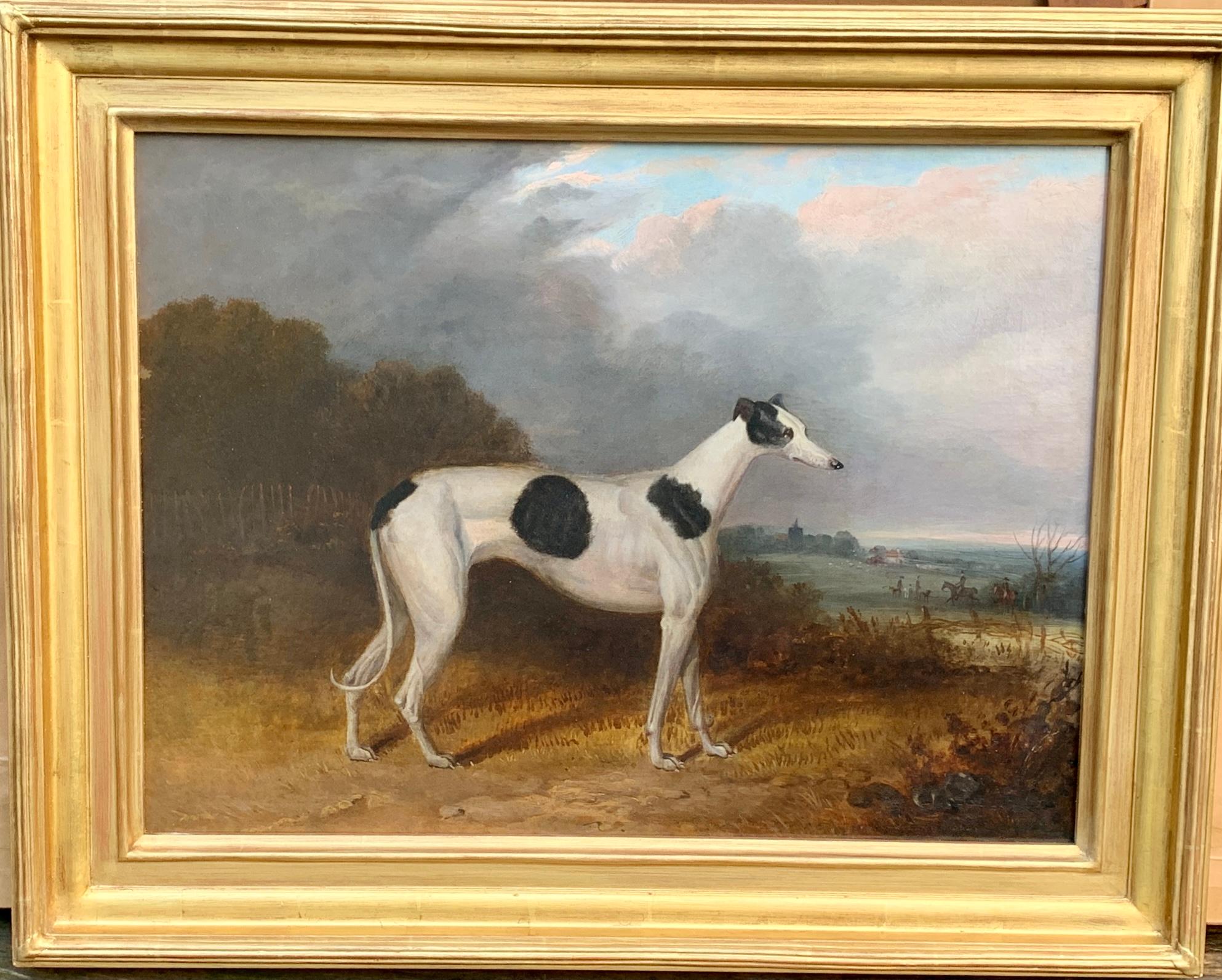  19th century English portrait of a Gray Hound with huntsmen in a landscape - Painting by Unknown