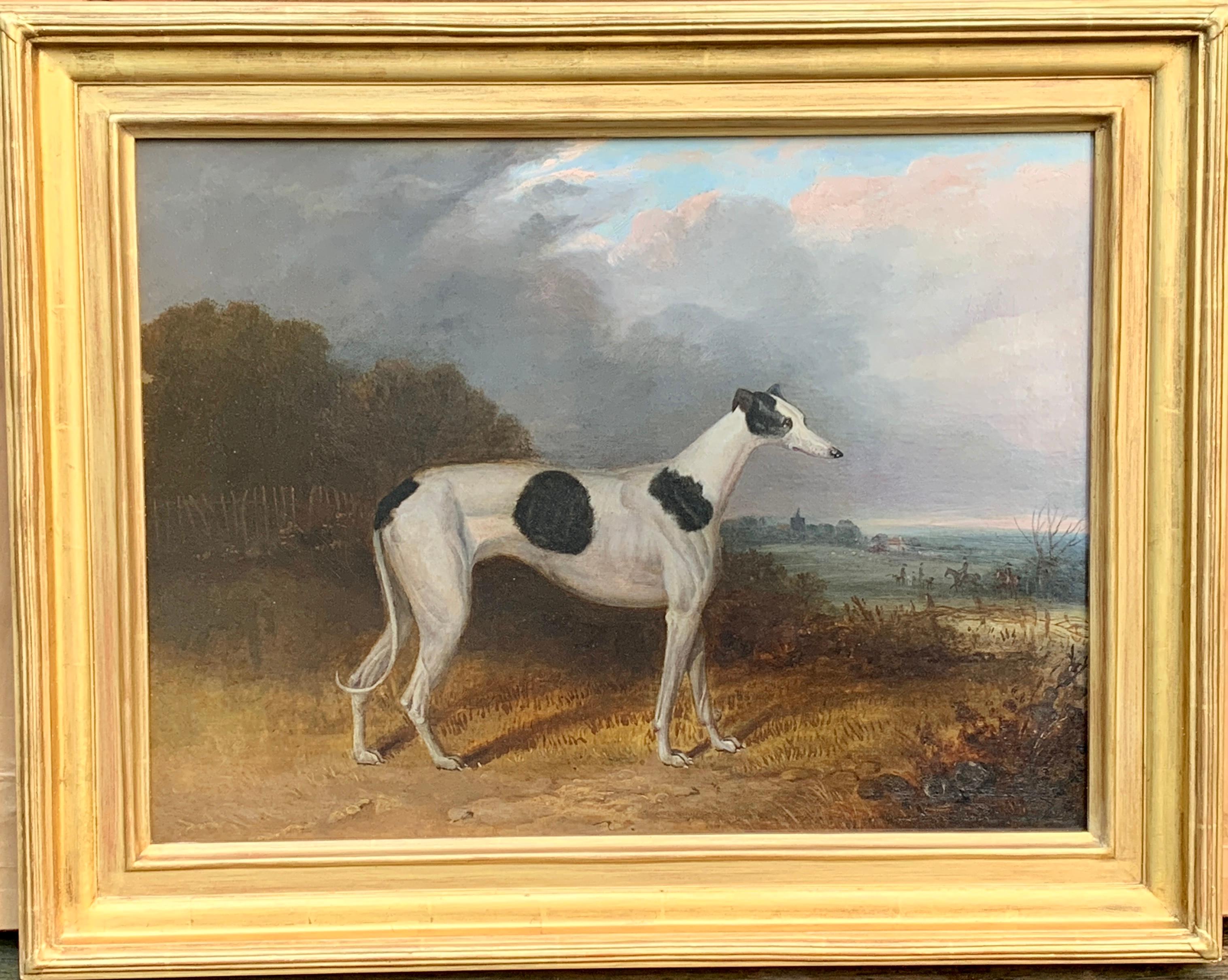 Unknown Animal Painting -  19th century English portrait of a Gray Hound with huntsmen in a landscape