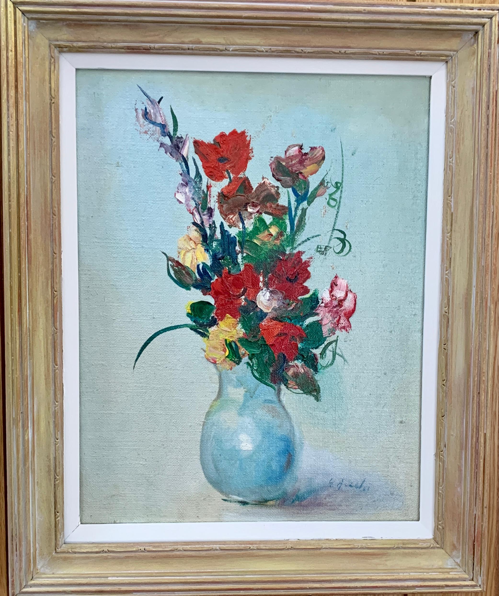Nature morte impressionniste du milieu du 20e siècle représentant des fleurs dans un vase, avec des coquelicots
