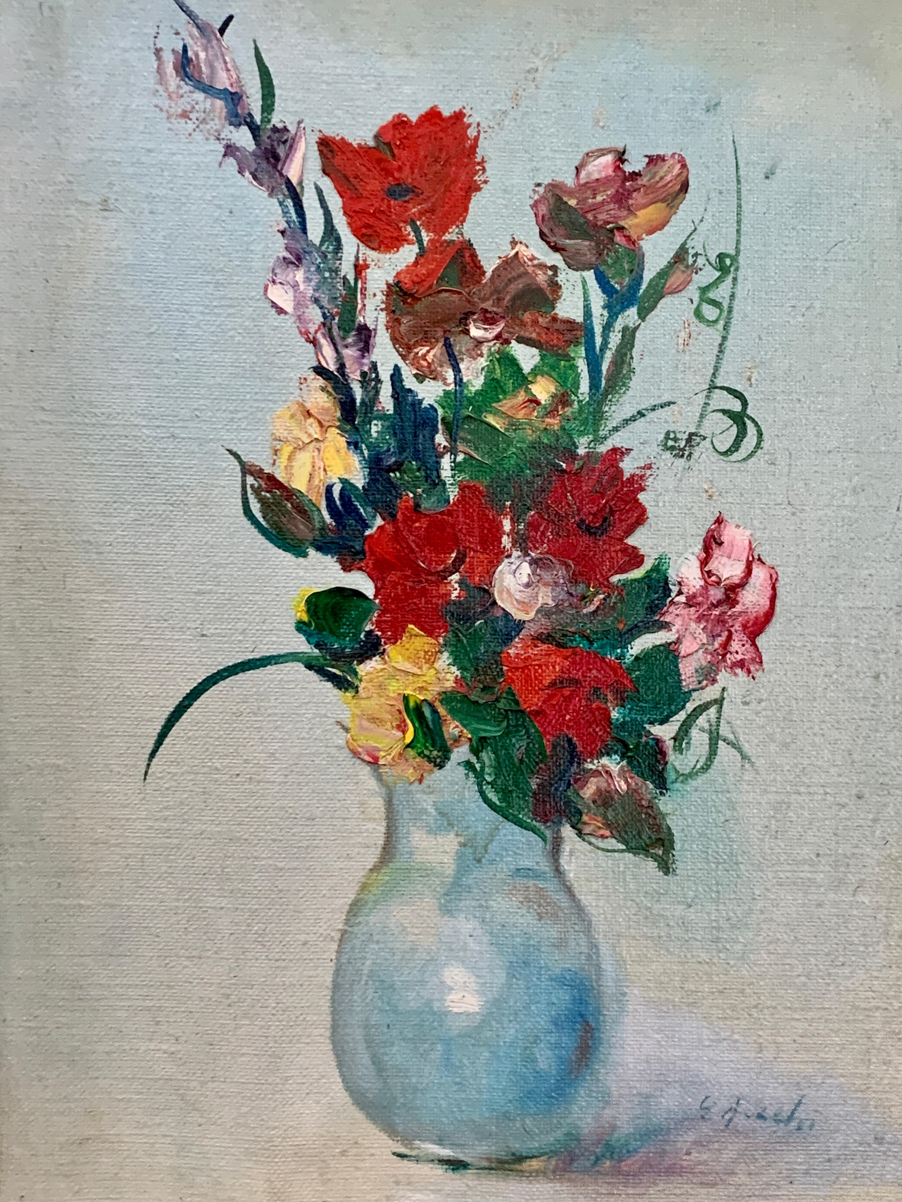 Impressionist mid 20th century still life of flowers in a vase, with poppies - Painting by George Aczel