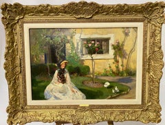 English Impressionist oil, lady in her garden feeding the birds, with Roses