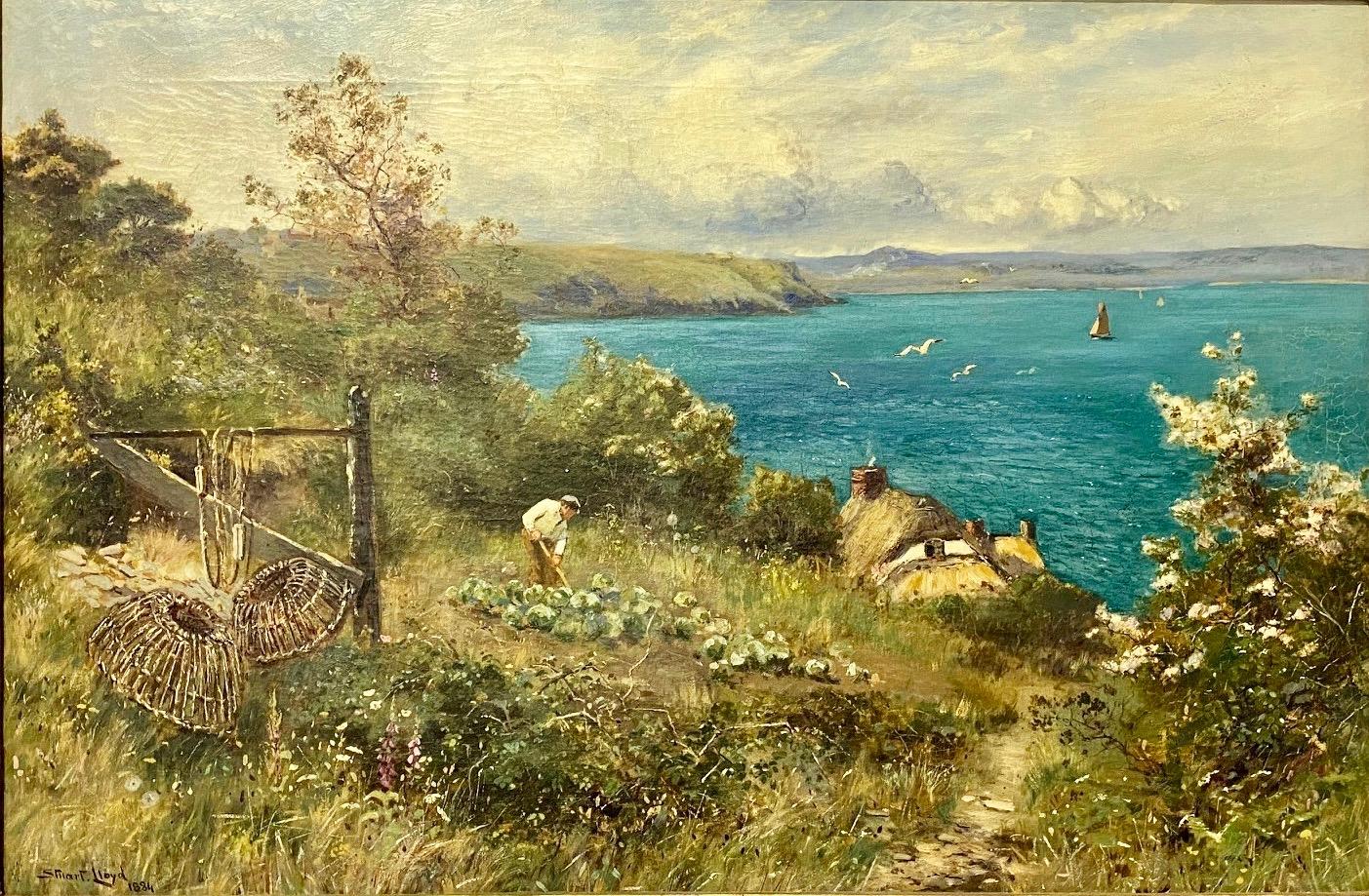 English Victorian oil of a man in his garden landscape overlooking the ocean  - Painting by Walter Stuart Lloyd
