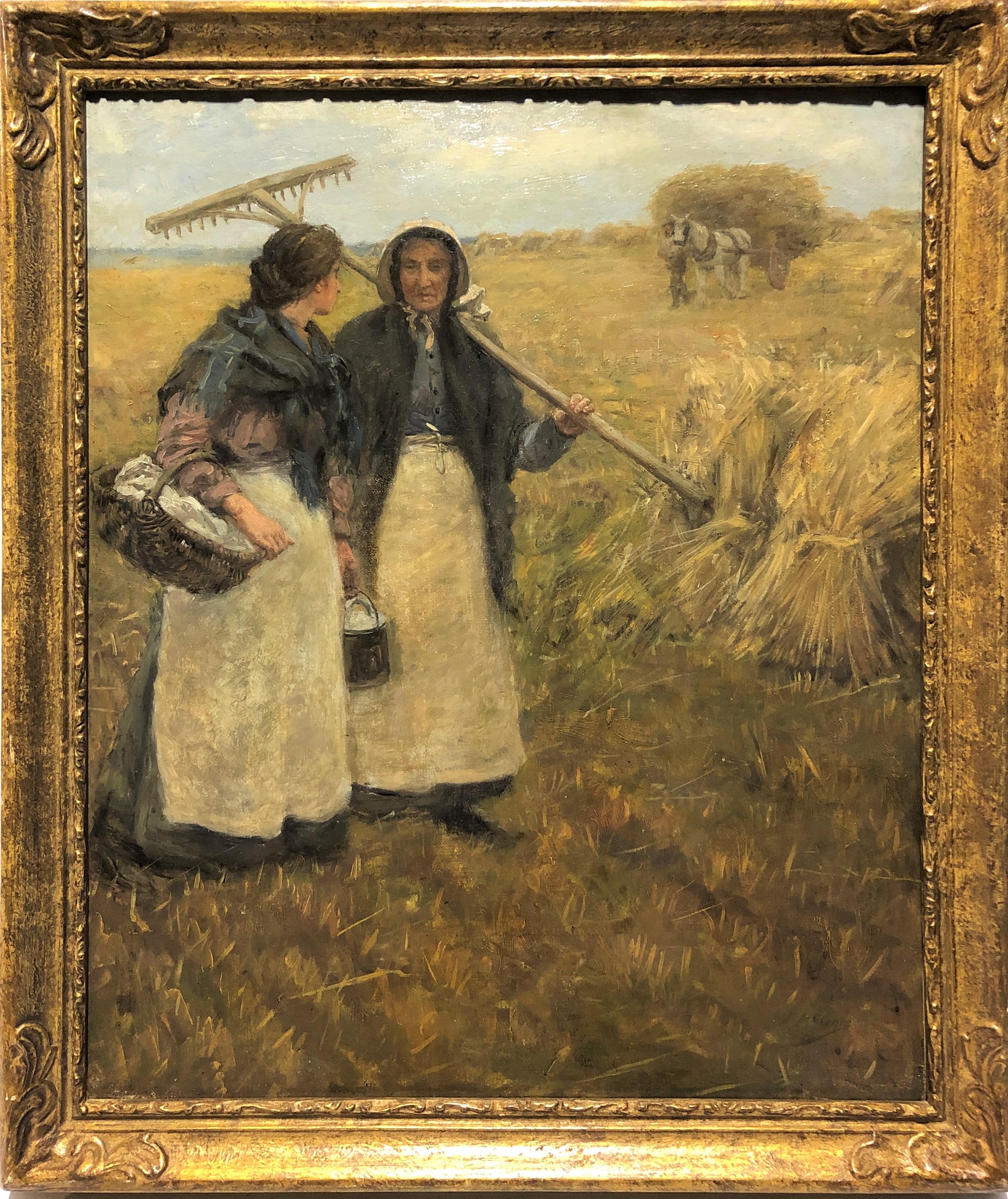 John McGhie Landscape Painting - 20th century British Impressionist oil of two women harvesting in a landscape
