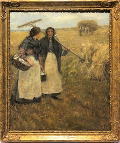 20th century British Impressionist oil of two women harvesting in a landscape