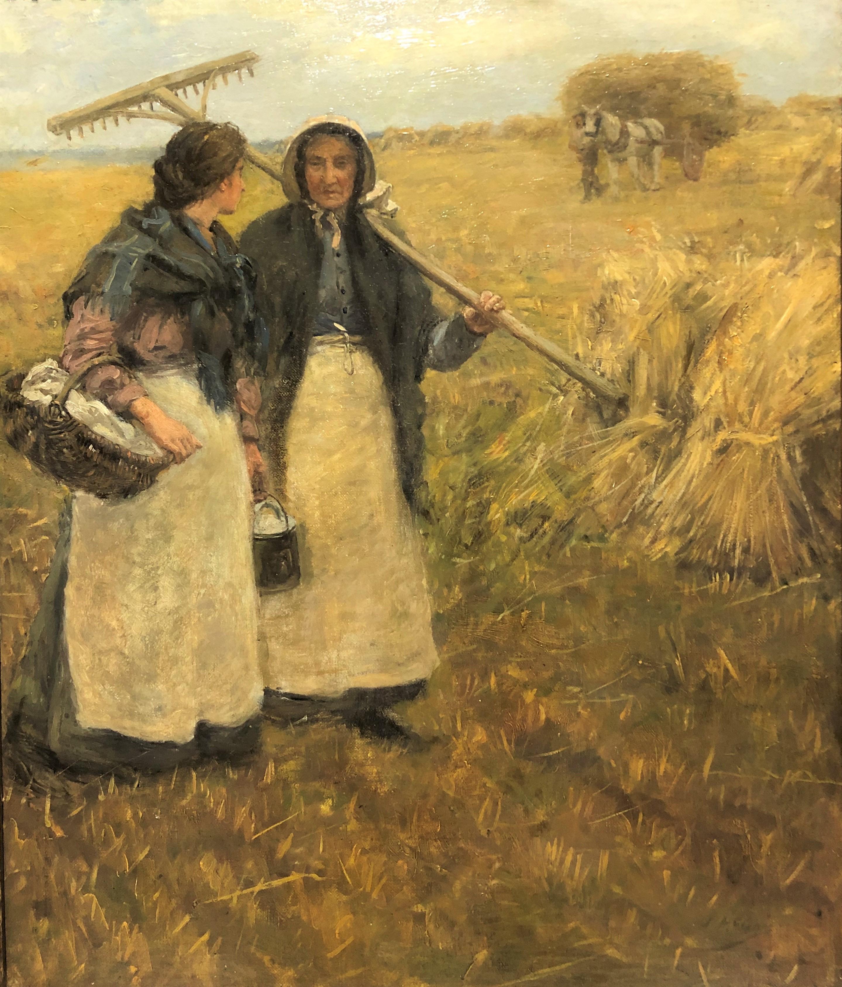 20th century British Impressionist oil of two women harvesting in a landscape - Painting by John McGhie