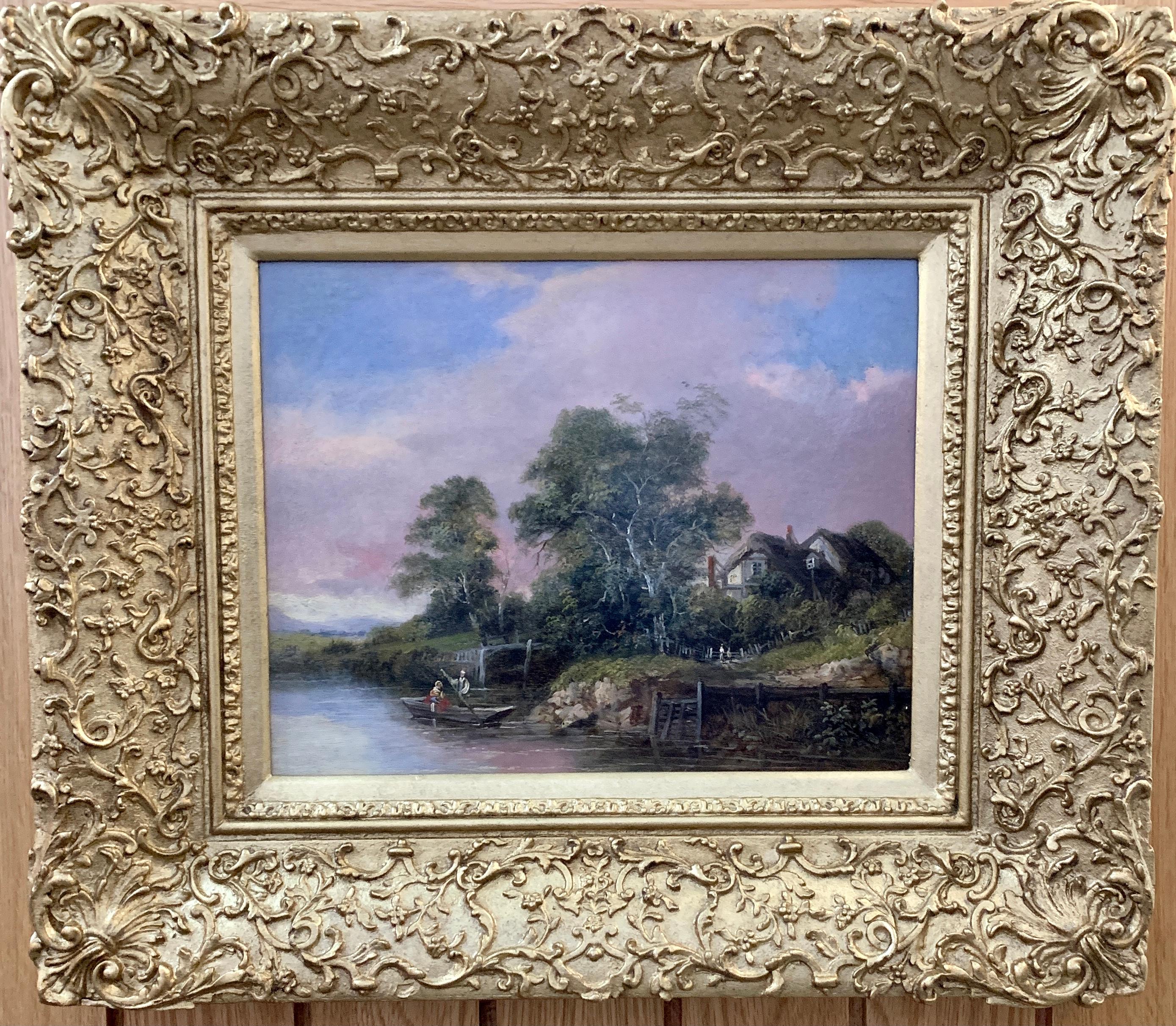 Unknown Landscape Painting - English 19th century oil, English school River landscape with fisherman, cottage