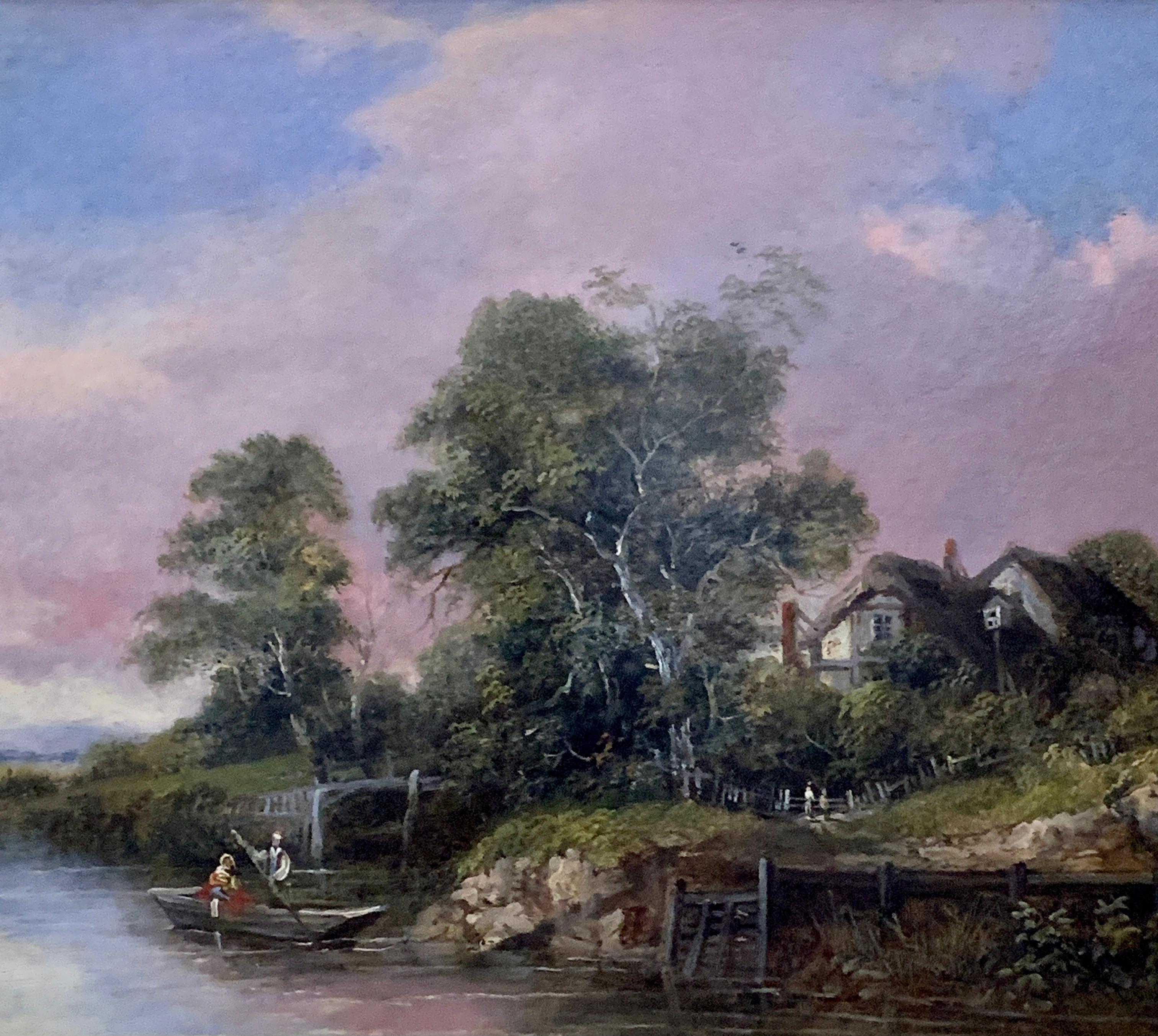 English 19th century oil, English school River landscape with fisherman, cottage - Painting by Unknown