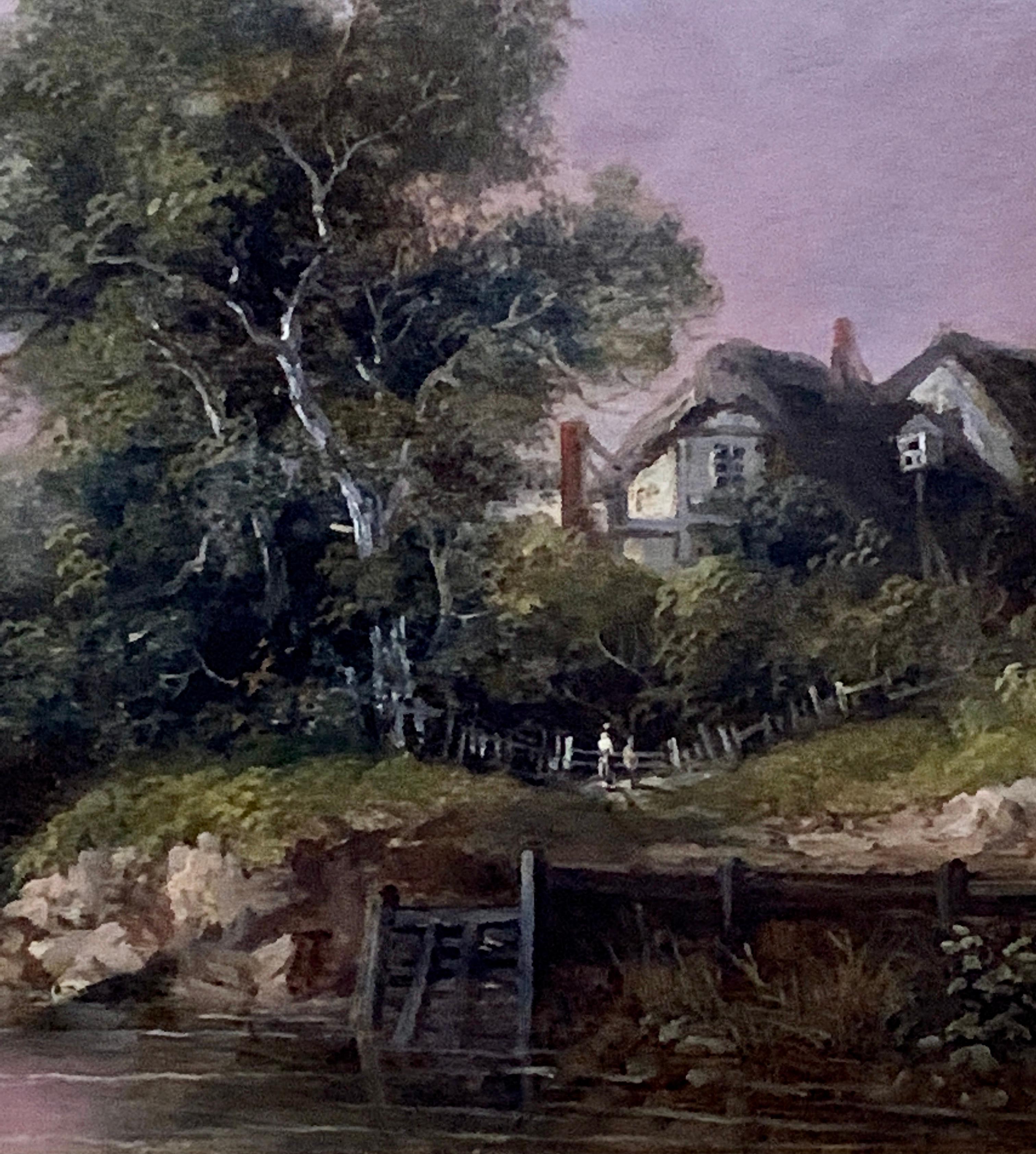 English 19th century oil, English school River landscape with fisherman, cottage - Victorian Painting by Unknown