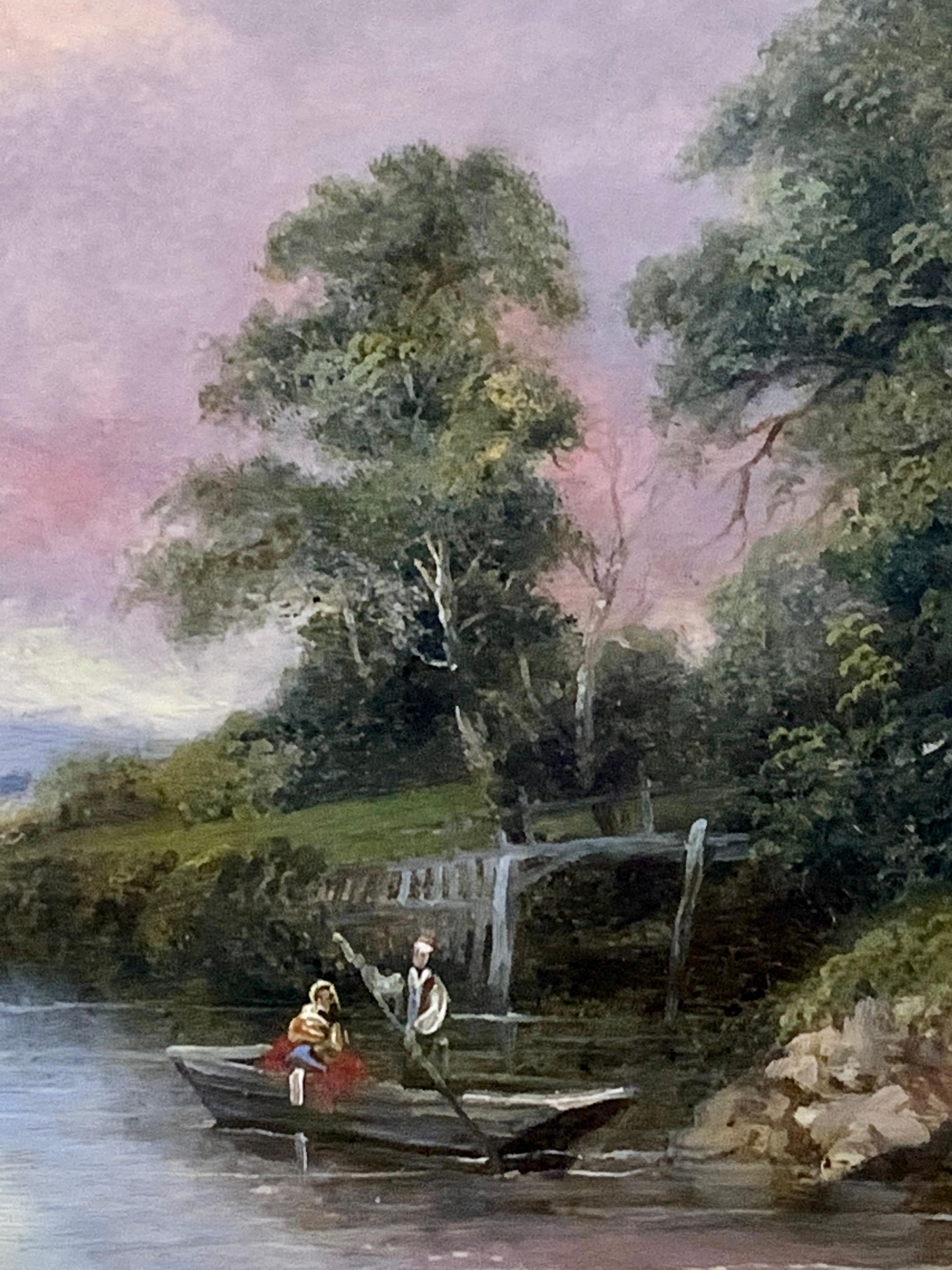 English 19th century oil, English school River landscape with fisherman, cottage 1