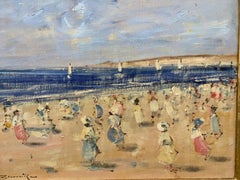 20th century French Impressionist beach scene with figures on the beach playing