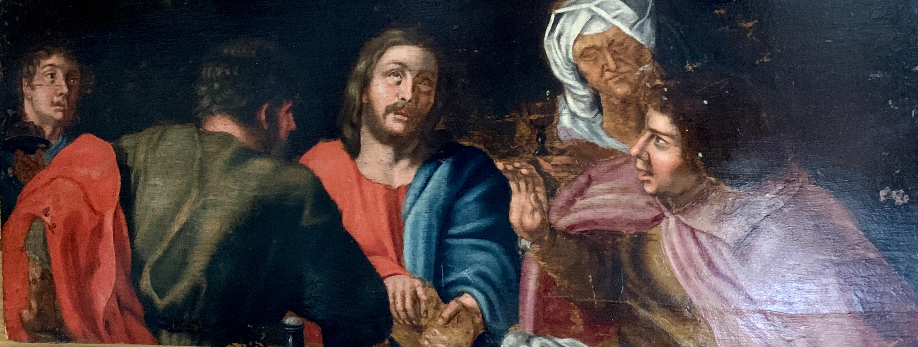Figurative Painting Unknown - Huile européenne du XVIIe siècle, le Christ et ses disciples assis autour d'une table.
