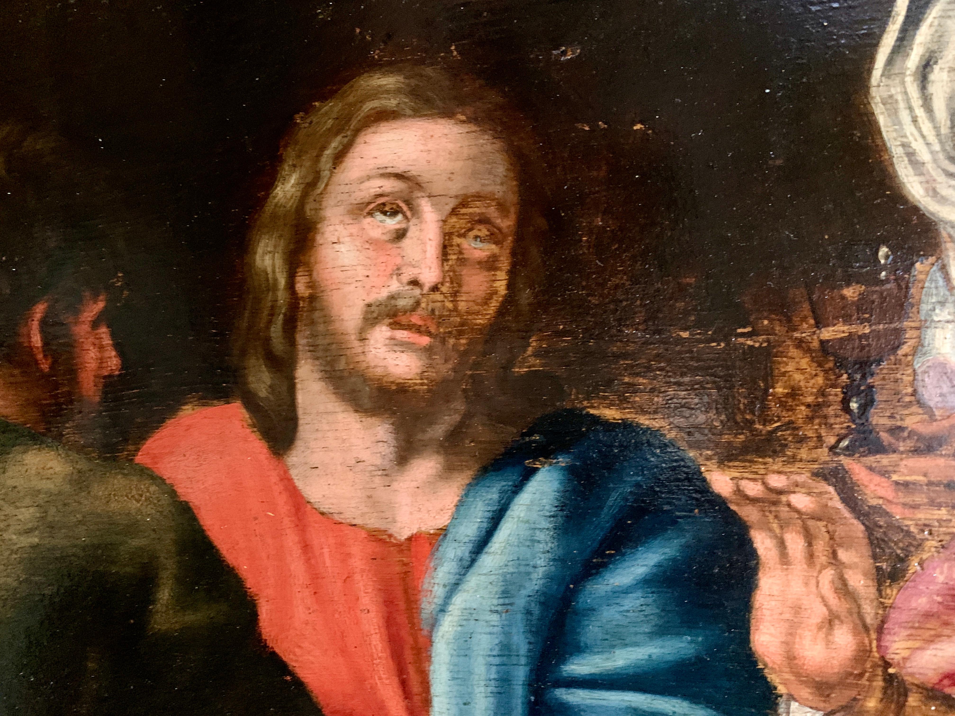 Olio europeo del XVII secolo, Cristo e i suoi discepoli seduti intorno a un tavolo. - Painting Antichi maestri di Unknown