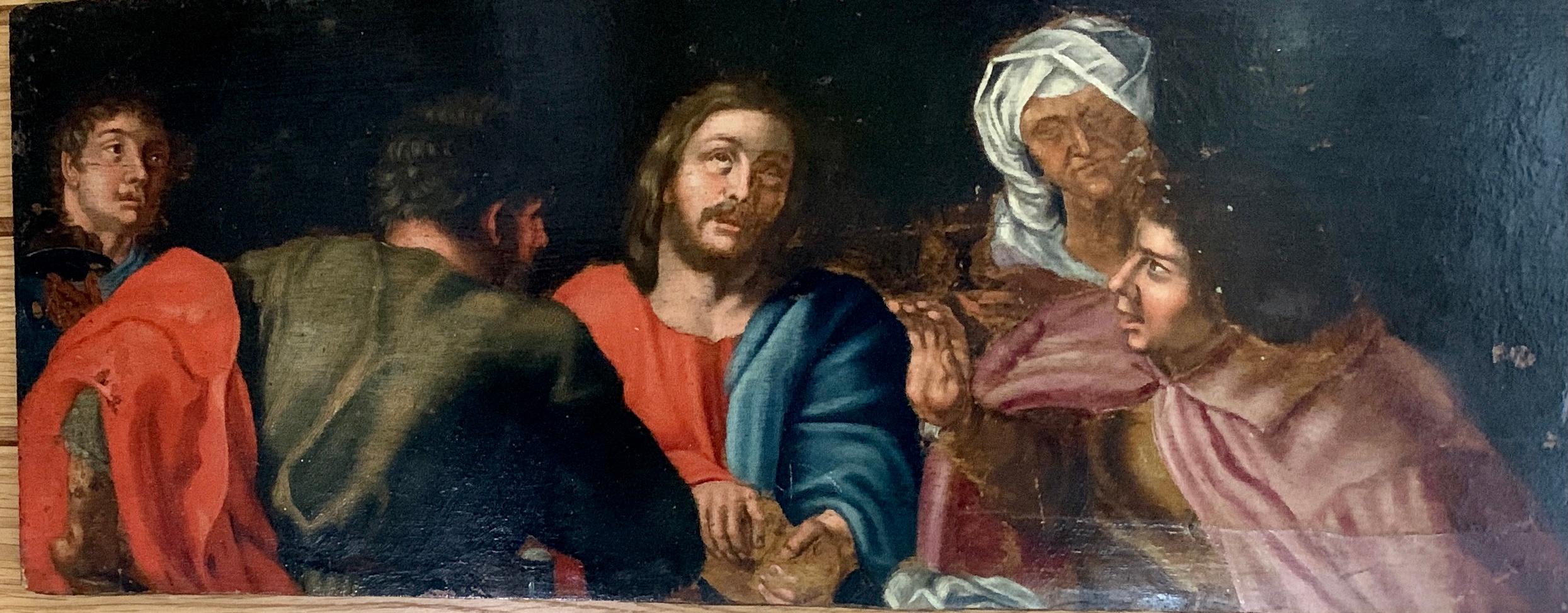 17th century European oil, Christ and is disciples seated around a table.

An interesting and very unique painting.

 Possibly a fragment originally from a piece of furniture.

The style of the painting I think is Northern European or Flemish.

The