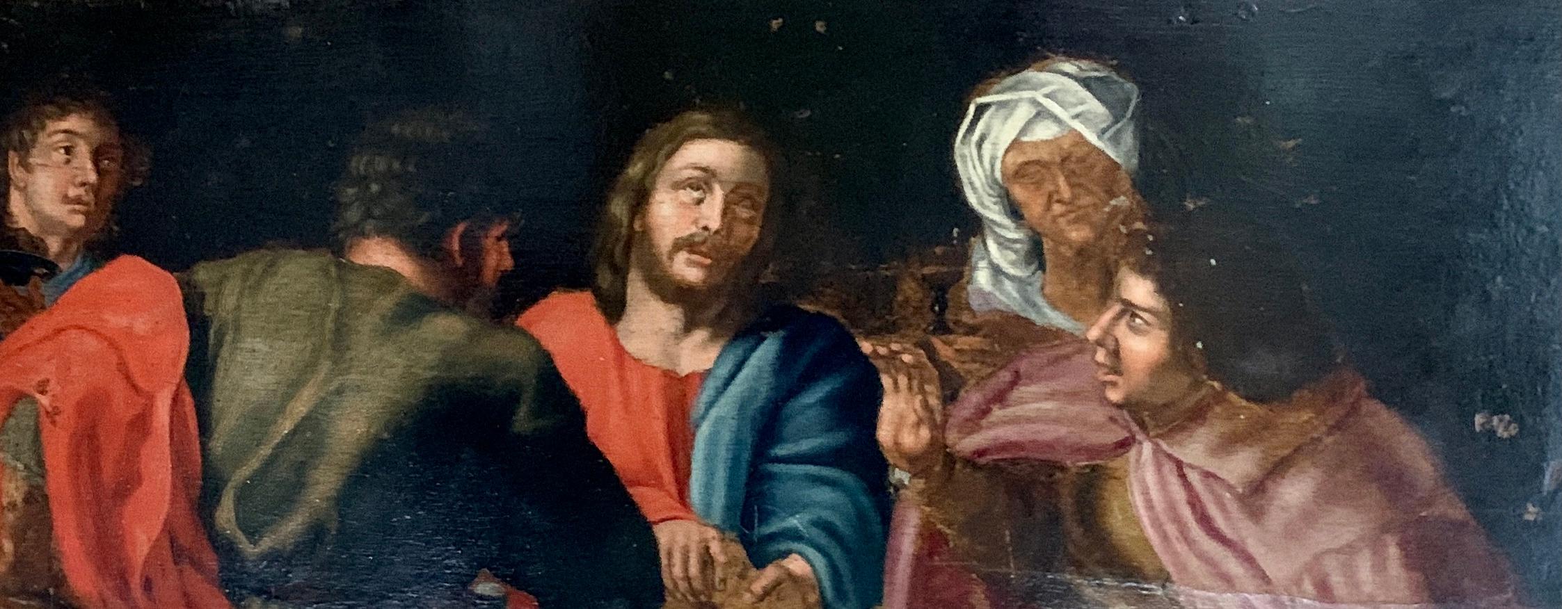 Huile européenne du XVIIe siècle, le Christ et ses disciples assis autour d'une table. en vente 4