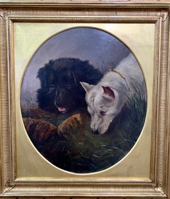 Antique 19th century English Victorian portrait of two terriers looking at a hedgehog 