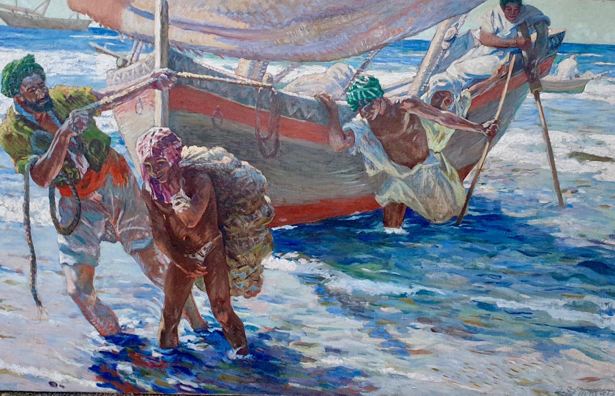 French North African early 20th century Impressionist, Fishermen coming ashore