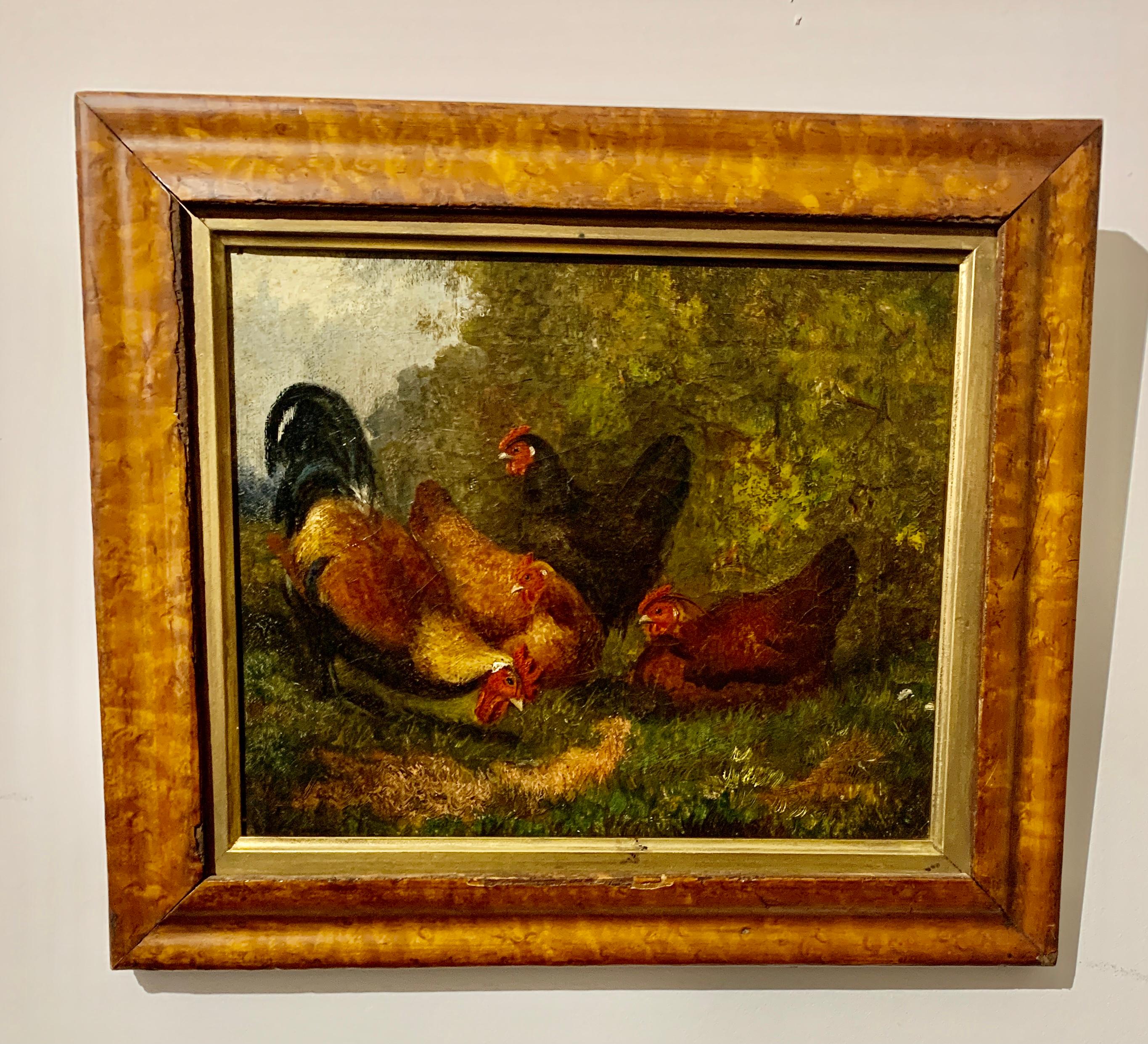 Englisches Volkskunstporträt von Hühnern aus dem 19. Jahrhundert, Landschaft mit Ahornrahmen