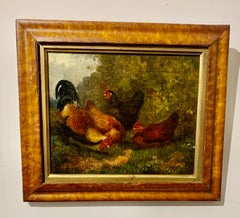 Antique English 19th century Folk art portrait of Chickens, landscape with maple frame