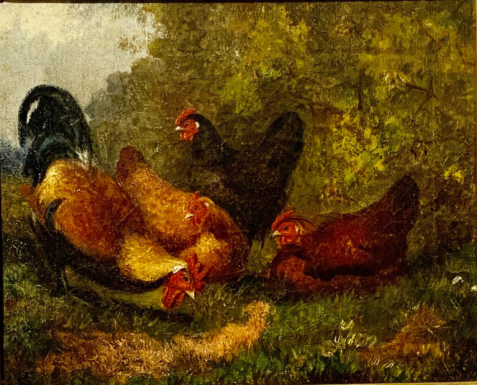English 19th century Folk art portrait of Chickens, landscape with maple frame - Painting by Unknown