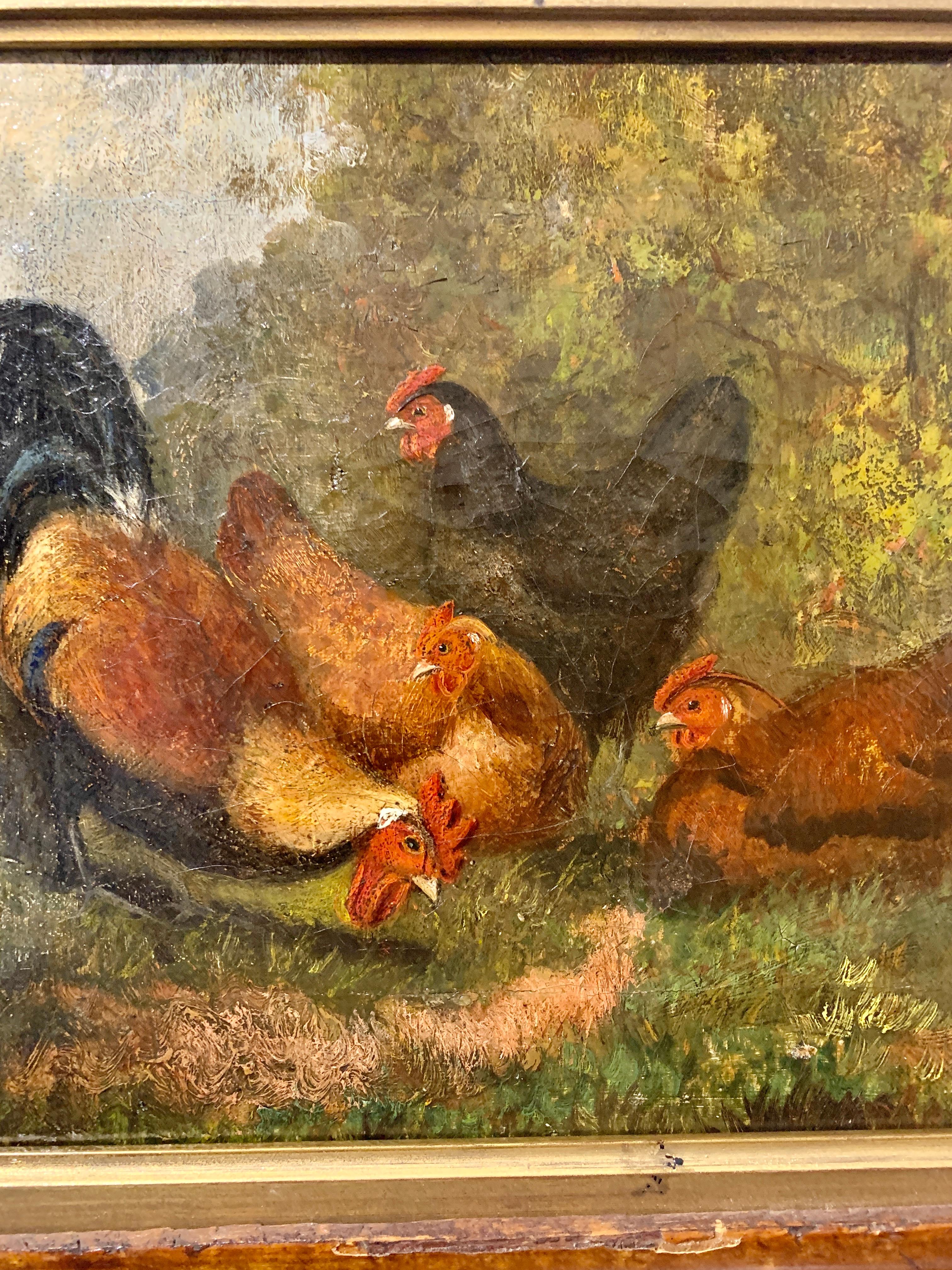 Englisches Volkskunstporträt von Hühnern aus dem 19. Jahrhundert, Landschaft mit Ahornrahmen (Braun), Animal Painting, von Unknown