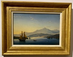 Englisches Kriegsschiff aus dem 19. Jahrhundert vor der italienischen Mittelmeerküste, mit Dorf