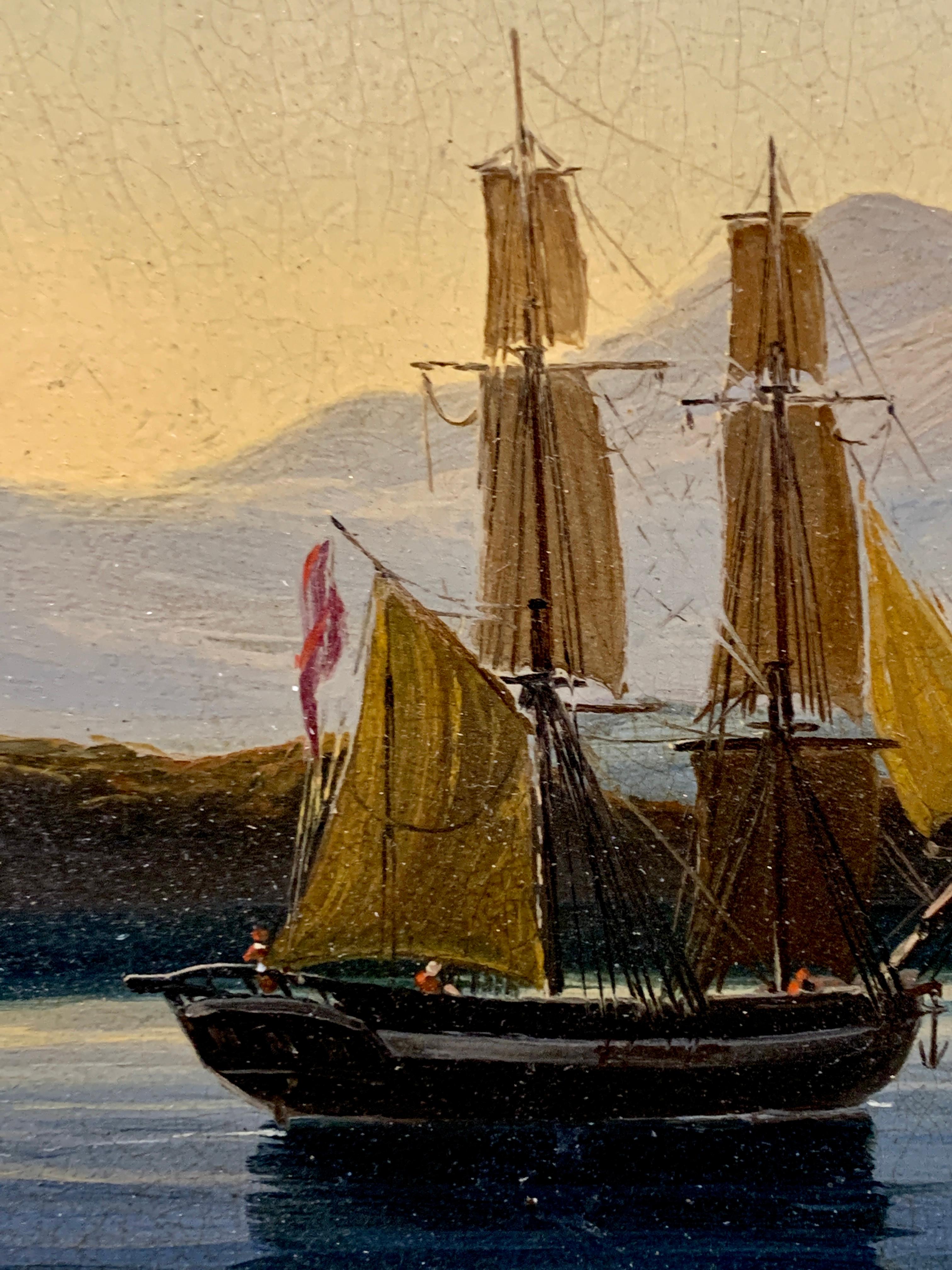 Englisches Kriegsschiff aus dem 19. Jahrhundert vor der italienischen Mittelmeerküste, mit Dorf im Angebot 5