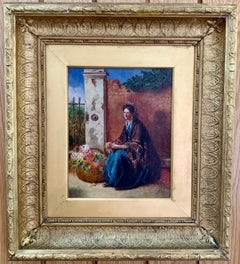 Victorian 19th century portrait of an seated English Flower Seller