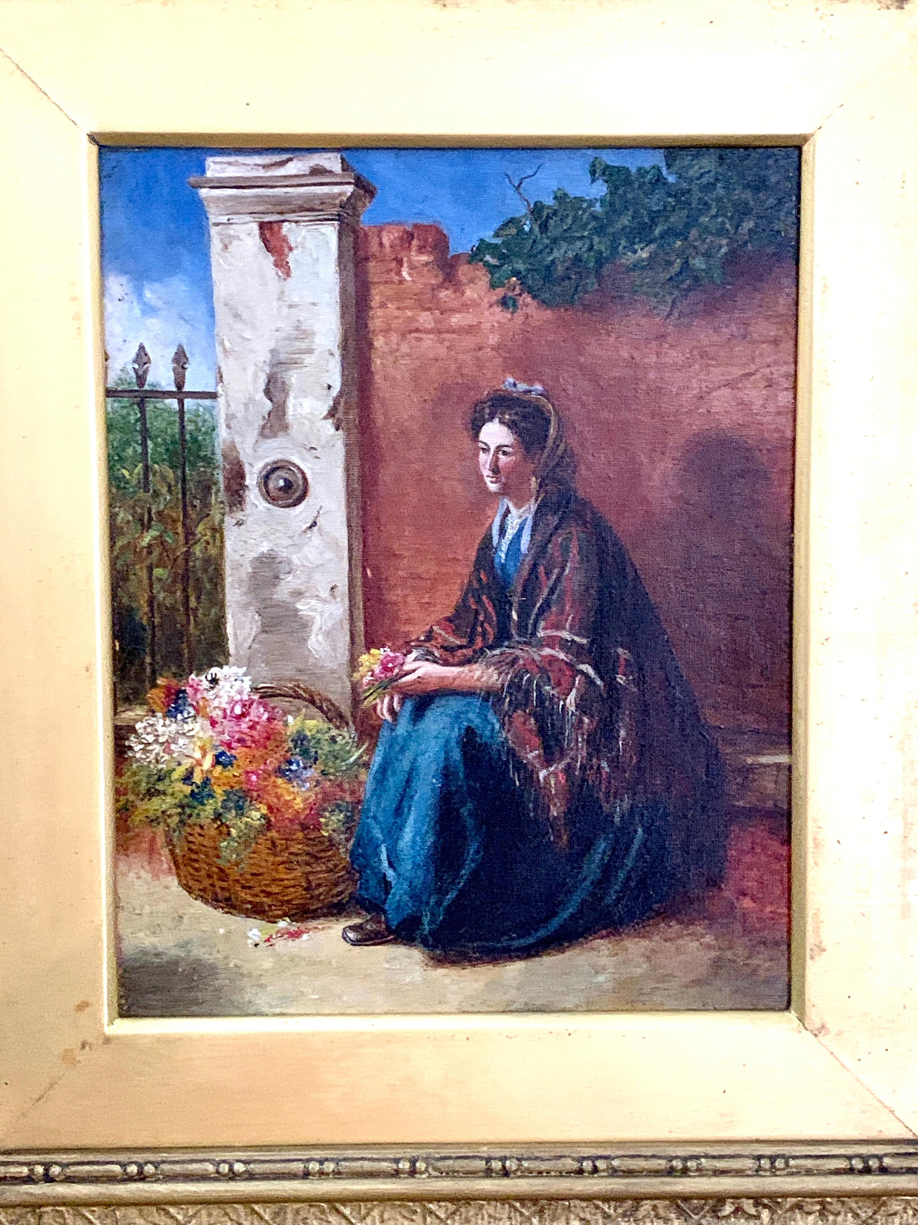 Victorian 19th century portrait of an seated English Flower Seller - Painting by Unknown