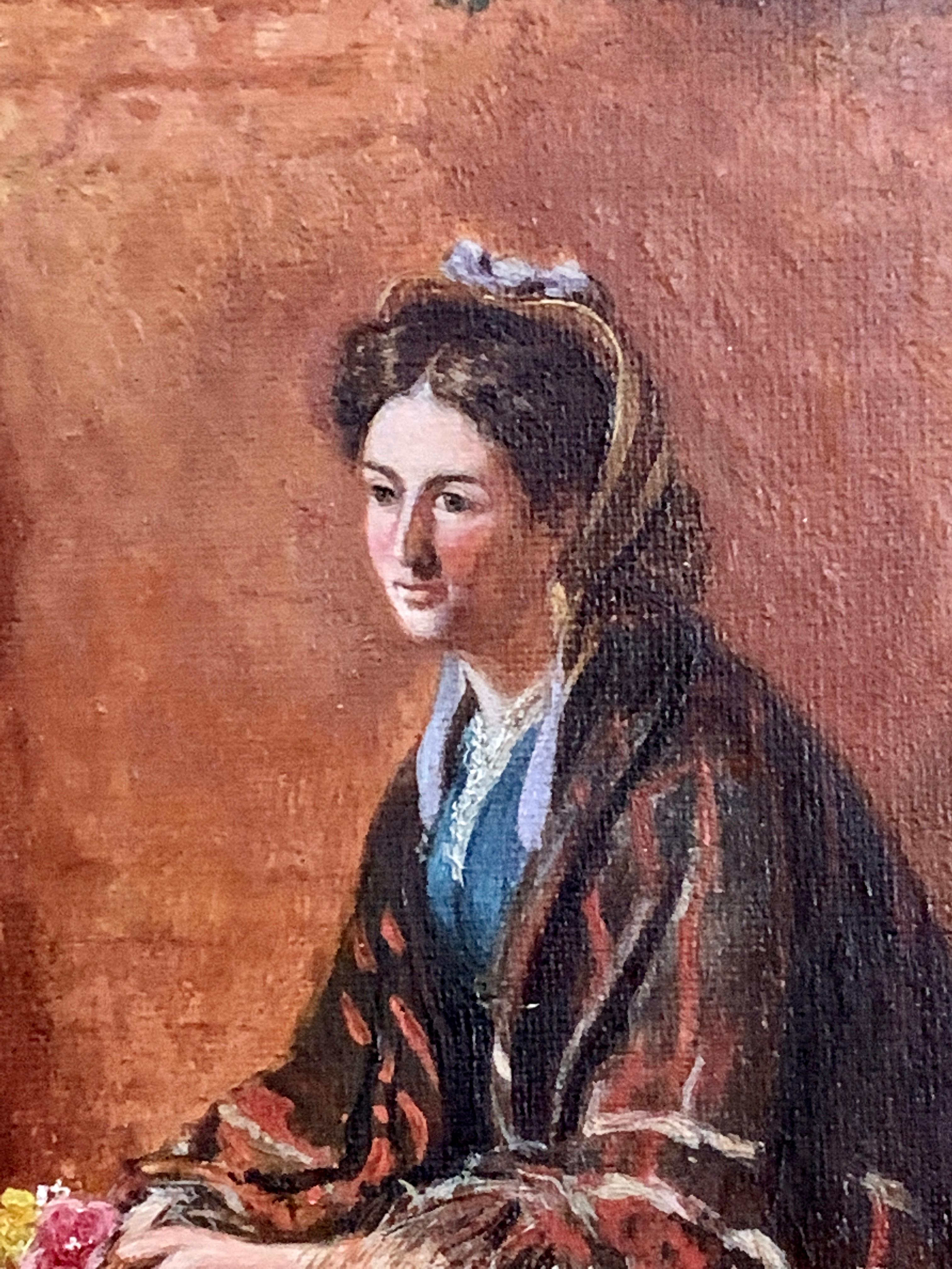 Viktorianisches viktorianisches Porträt eines sitzenden englischen Blumenhändlers aus dem 19. Jahrhundert (Braun), Figurative Painting, von Unknown