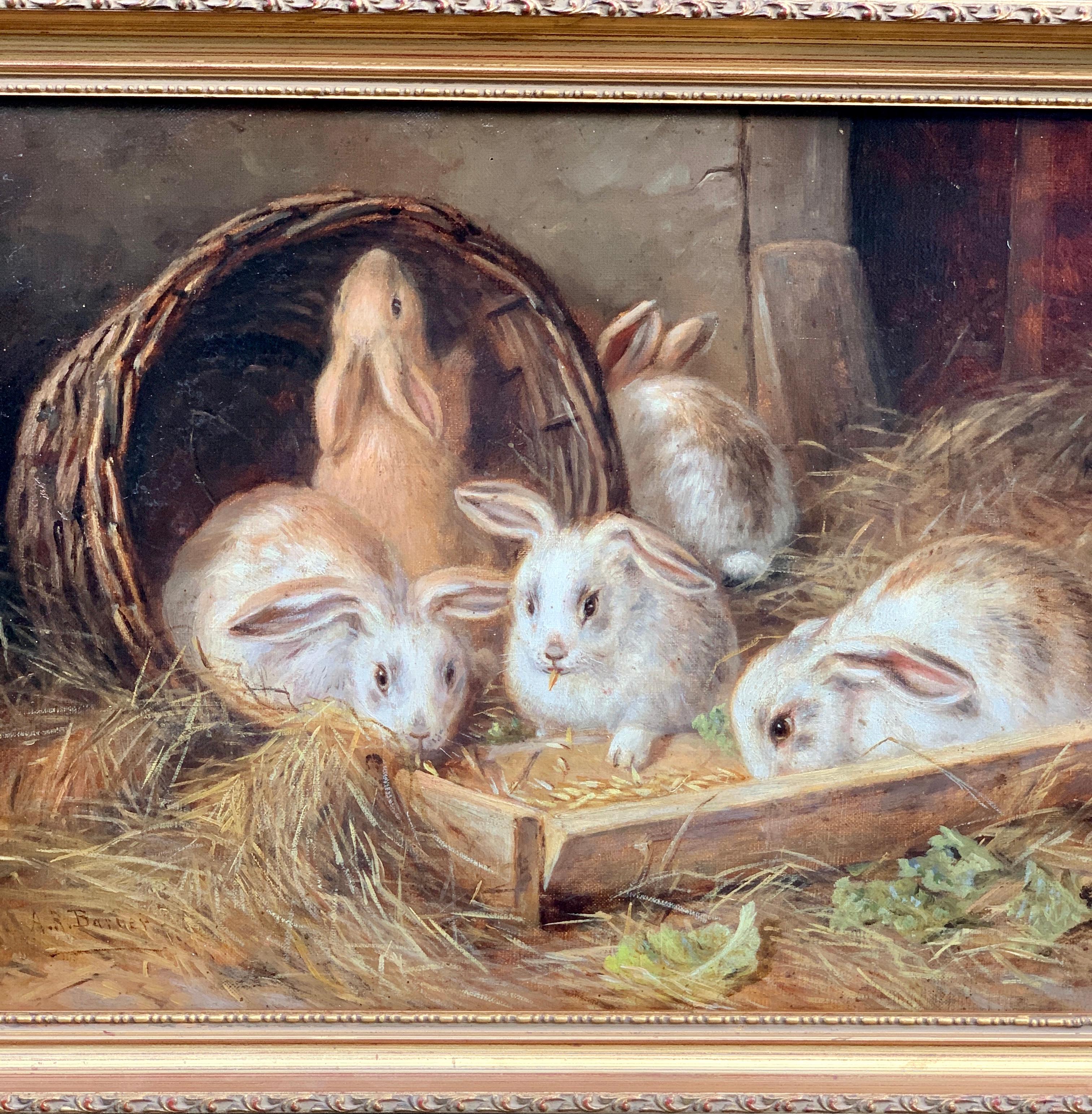 Victorian English 19th century, Rabbit eating lettuce and straw in a barn. - Painting by Alfred Richardson Barber