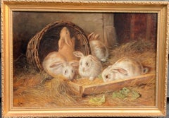 Victorian English 19th century, Rabbit eating lettuce and straw in a barn.