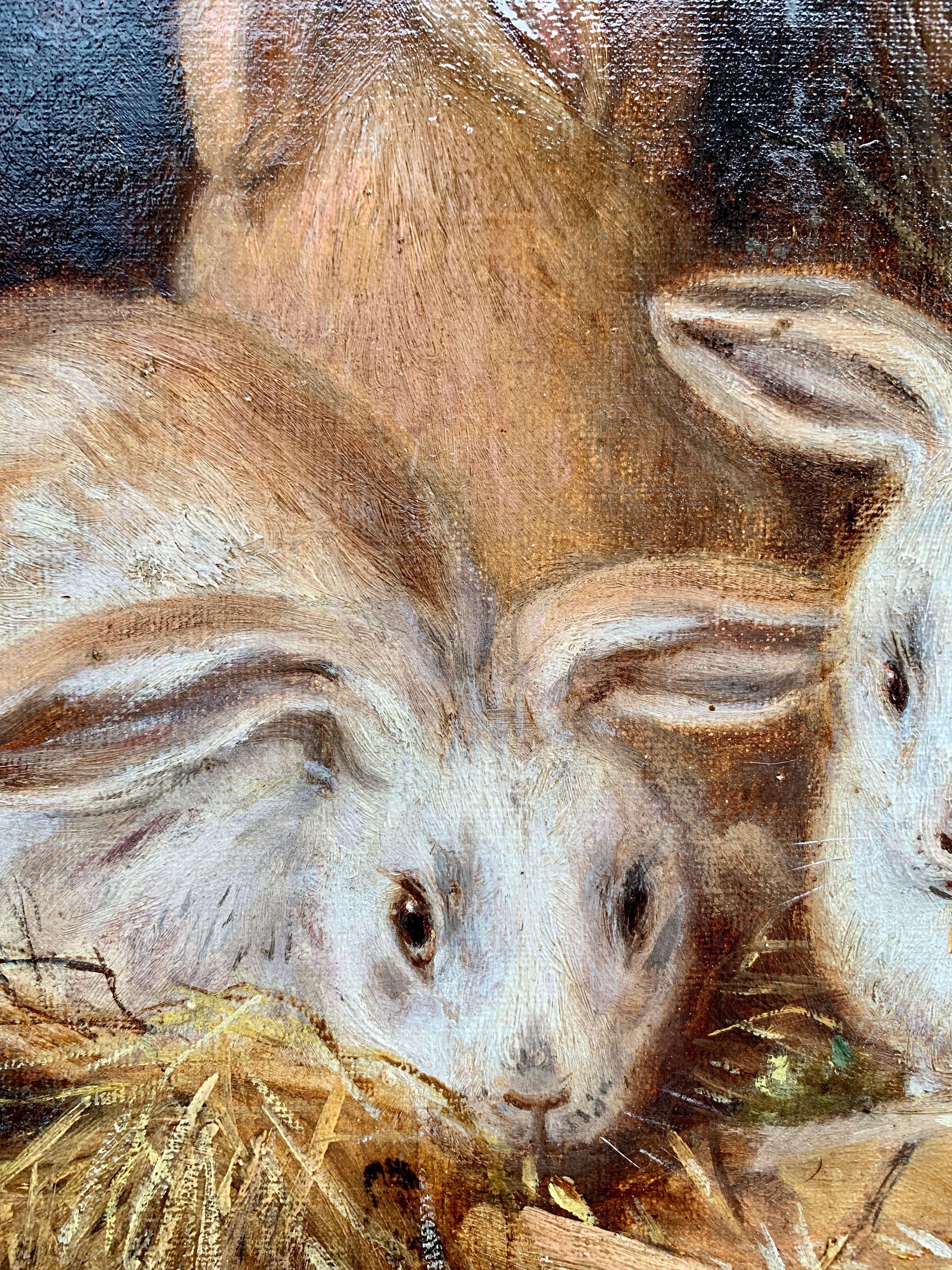 Victorian English 19th century, Rabbit eating lettuce and straw in a barn. 1