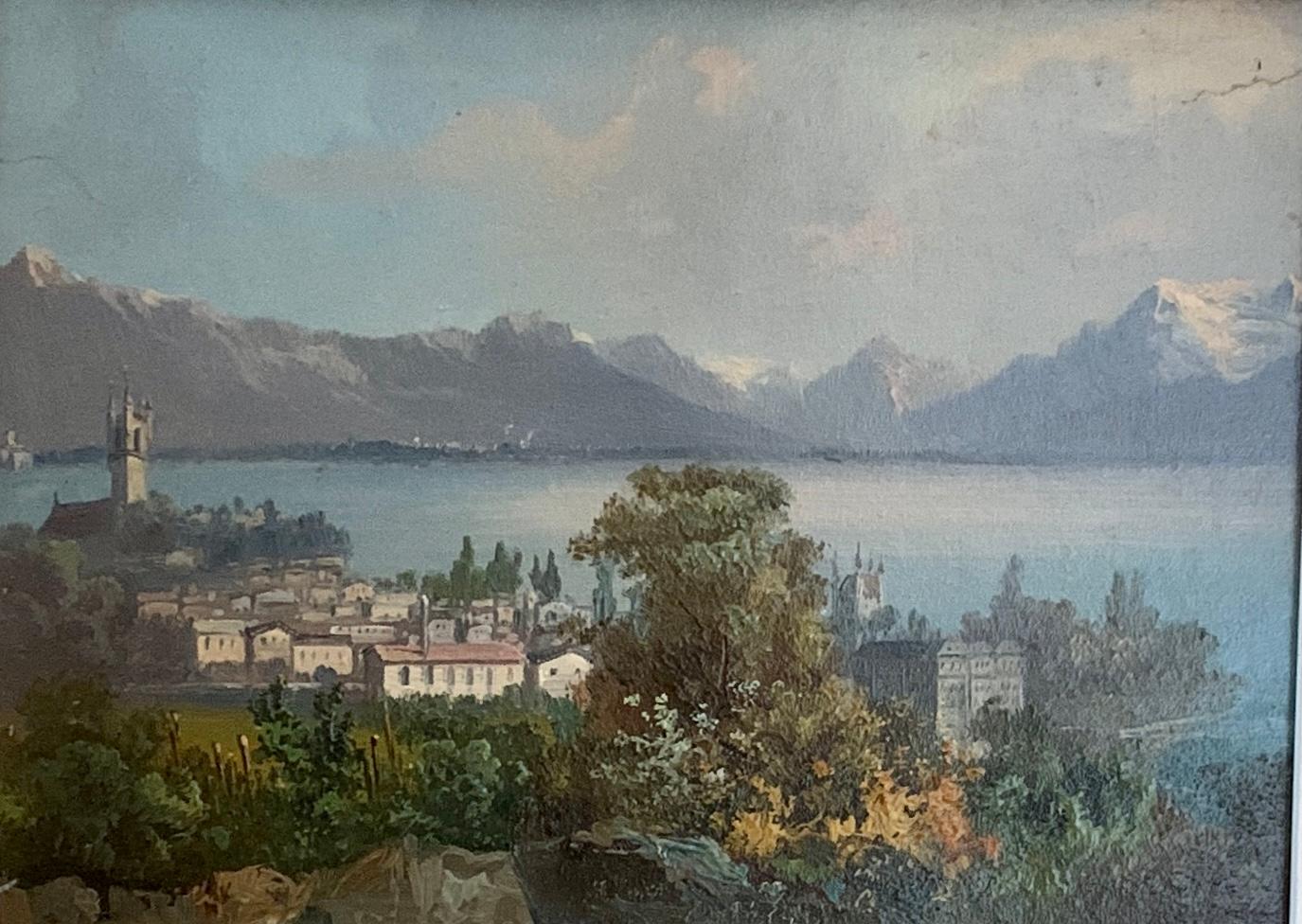 Early 20th century Swiss views of Vevey, on the north shore of Lake Geneva - Painting by M.Schmidt