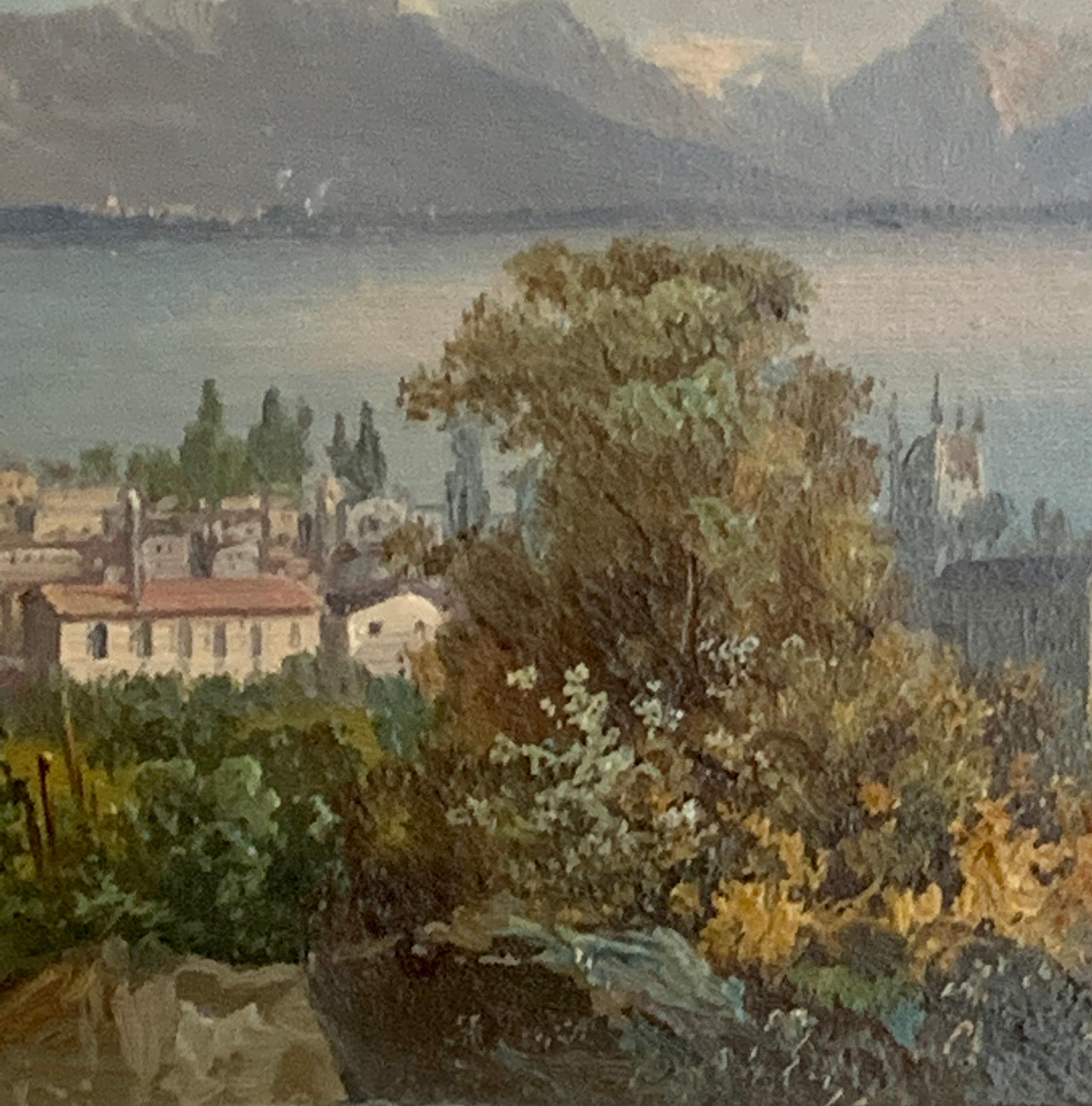 Vues suisses du début du XXe siècle de Vevey, sur le rivage nord du lac de Genève - Marron Landscape Painting par M.Schmidt