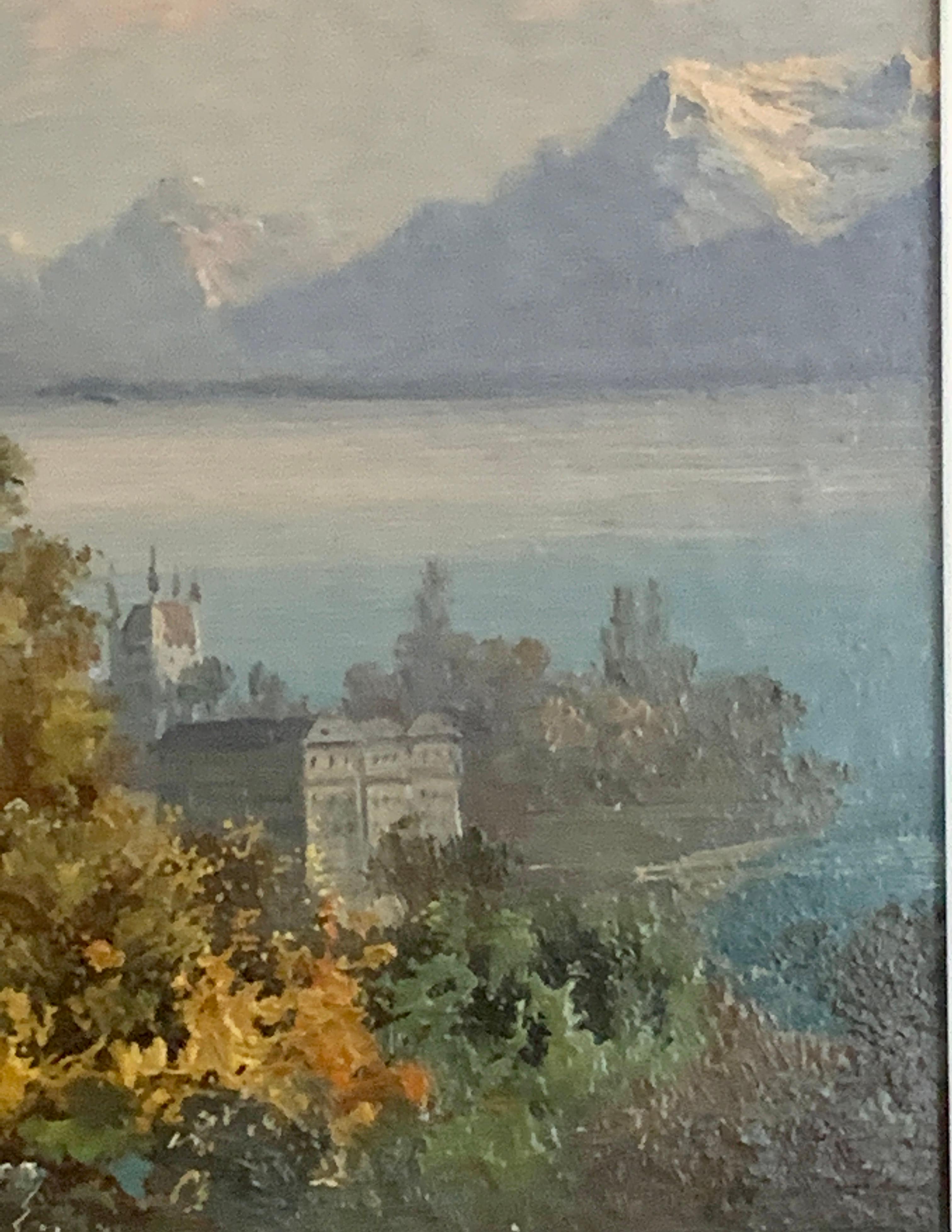 Jolie et bien peinte, Vue de Vevey sur la rive nord du lac Léman.

Datant du début du XXe siècle, ce tableau aurait été peint pour l'un des nombreux visiteurs qui se rendaient à Vevey pour passer des vacances ou vivre au bord du pittoresque lac de