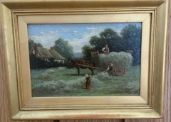 Victorian English 19th century landscape with cart, Farmers,Horse and harvest