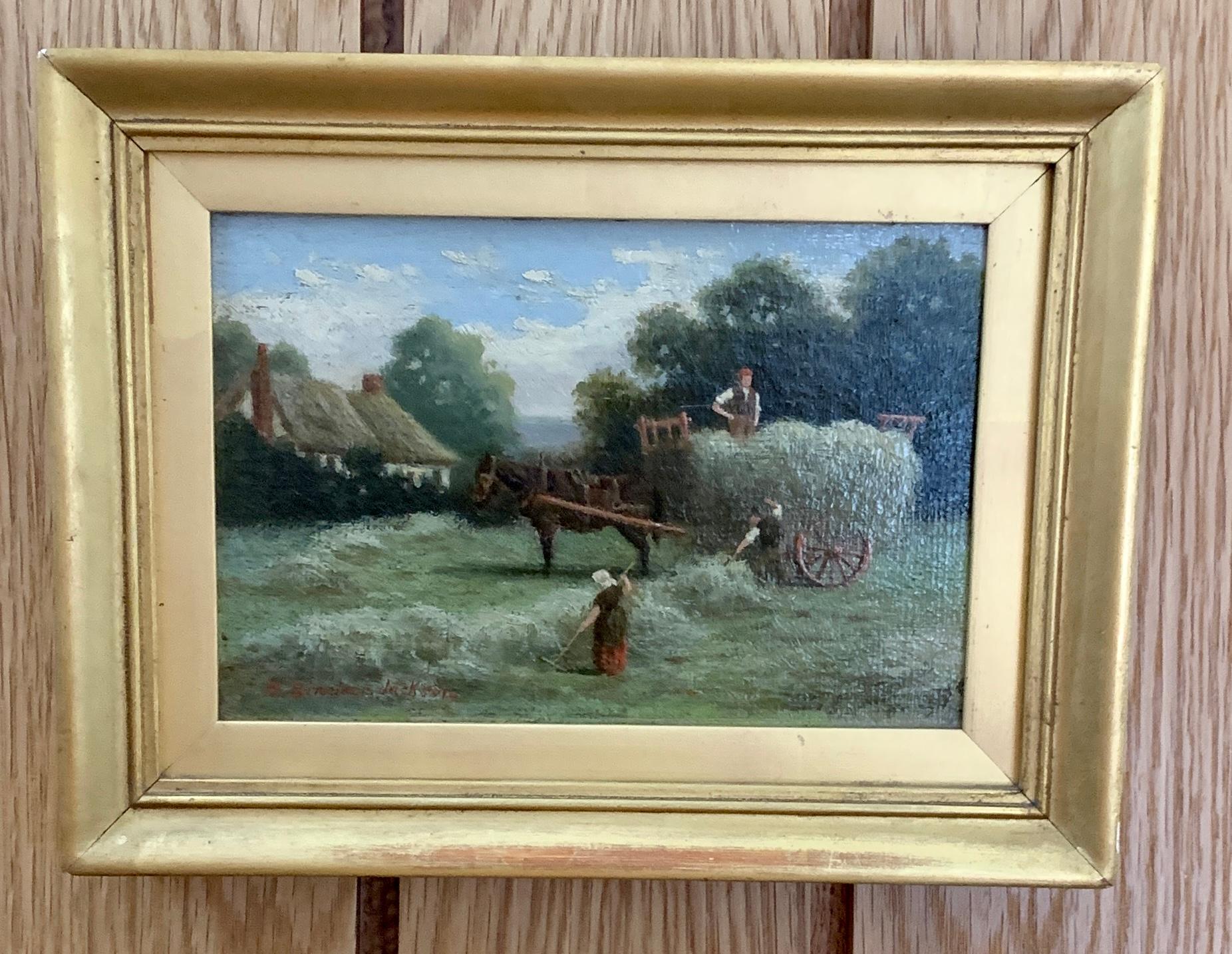 Victorian English 19th century landscape with cart, Farmers, Horse and harvest - Painting by Henry Sinclair Jackson
