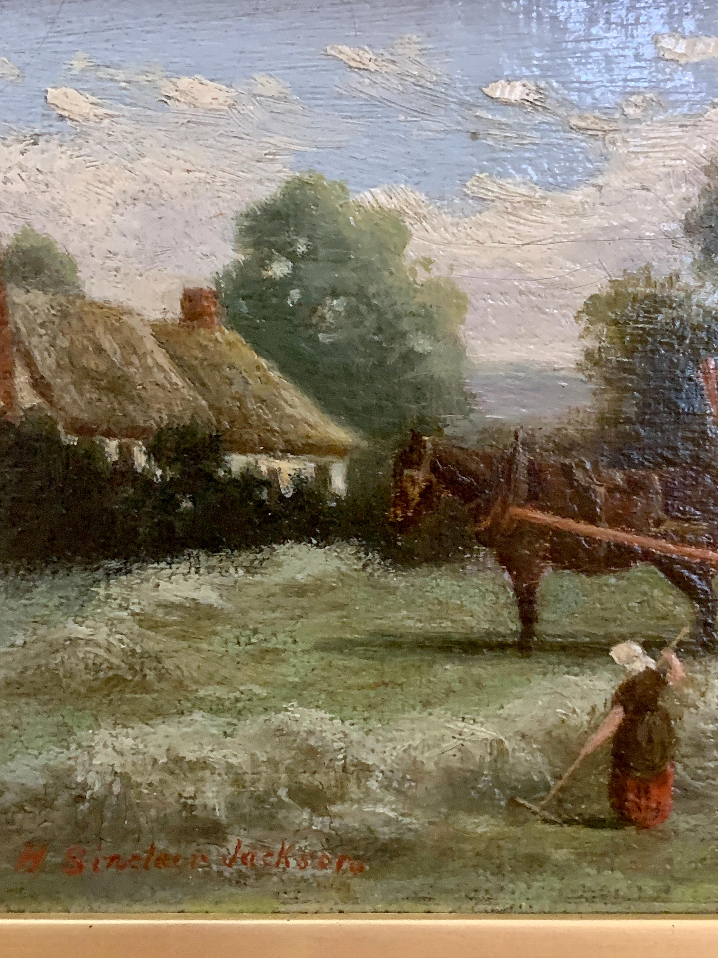 Victorian English 19th century landscape with cart, Farmers, Horse and harvest - Brown Figurative Painting by Henry Sinclair Jackson