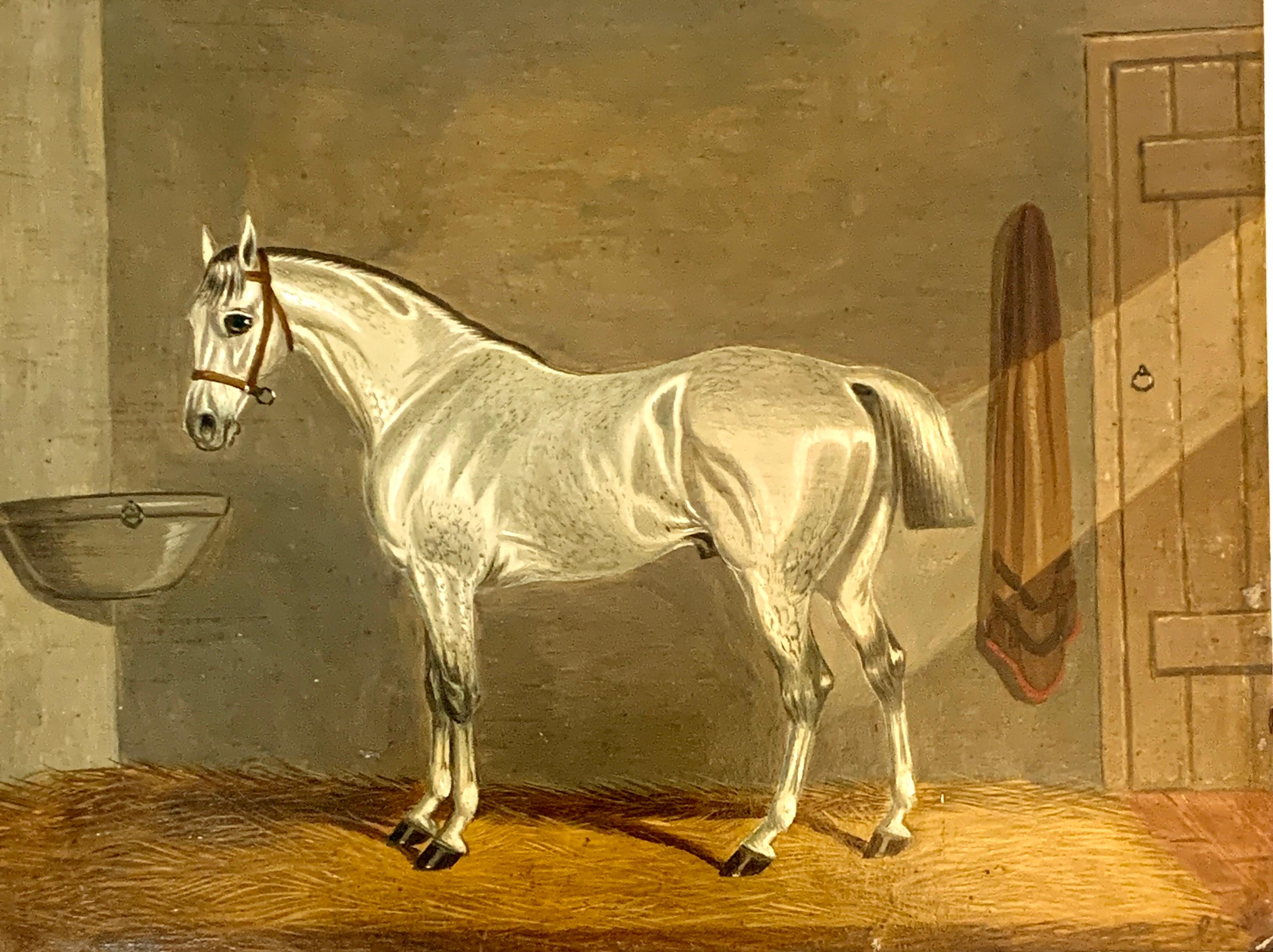 19th century Antique Portrait of an English Gray Horse in a stable in oils. - Painting by Edwin Loder