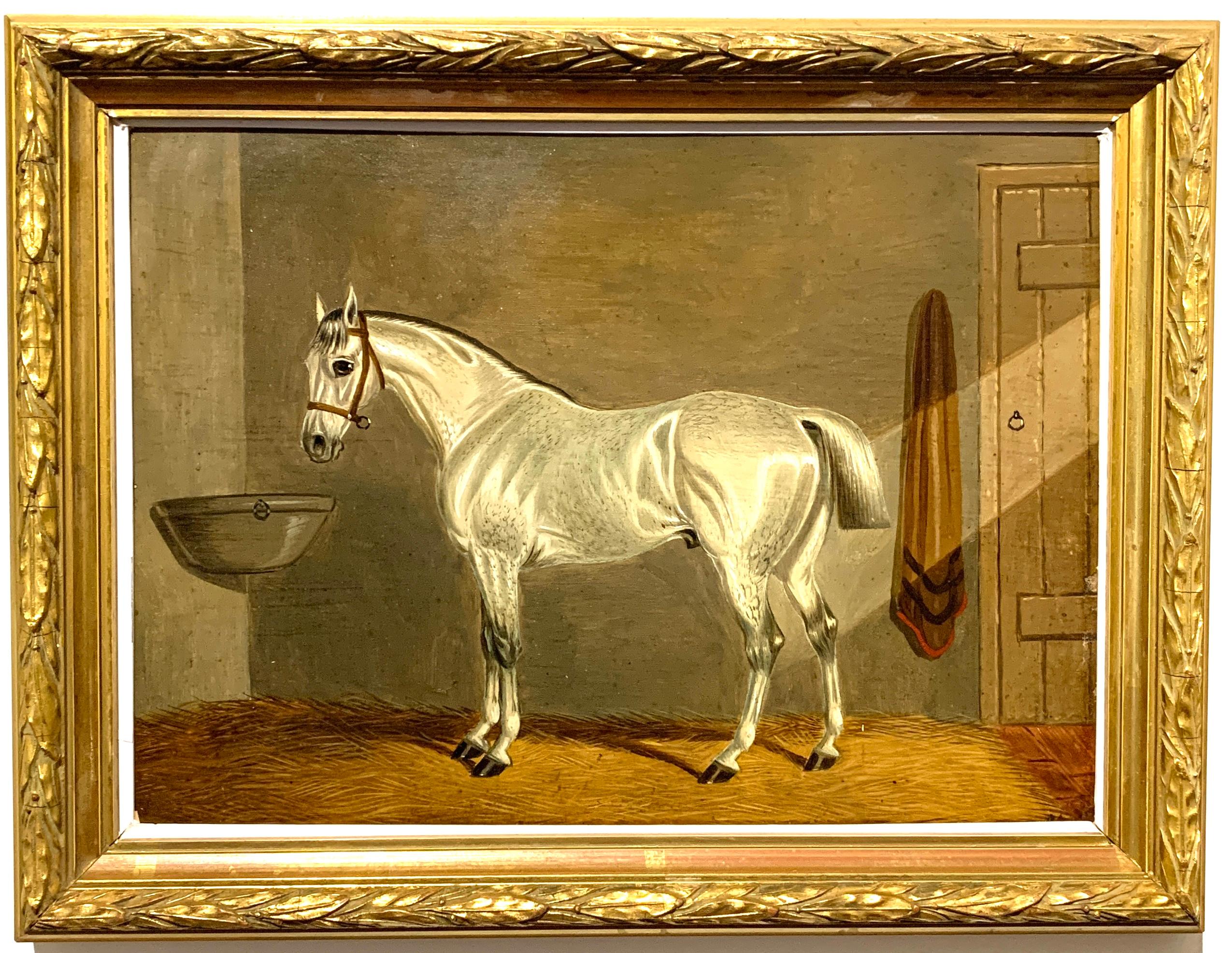 19th century Antique Portrait of an English Gray Horse in a stable in oils. - Brown Animal Painting by Edwin Loder