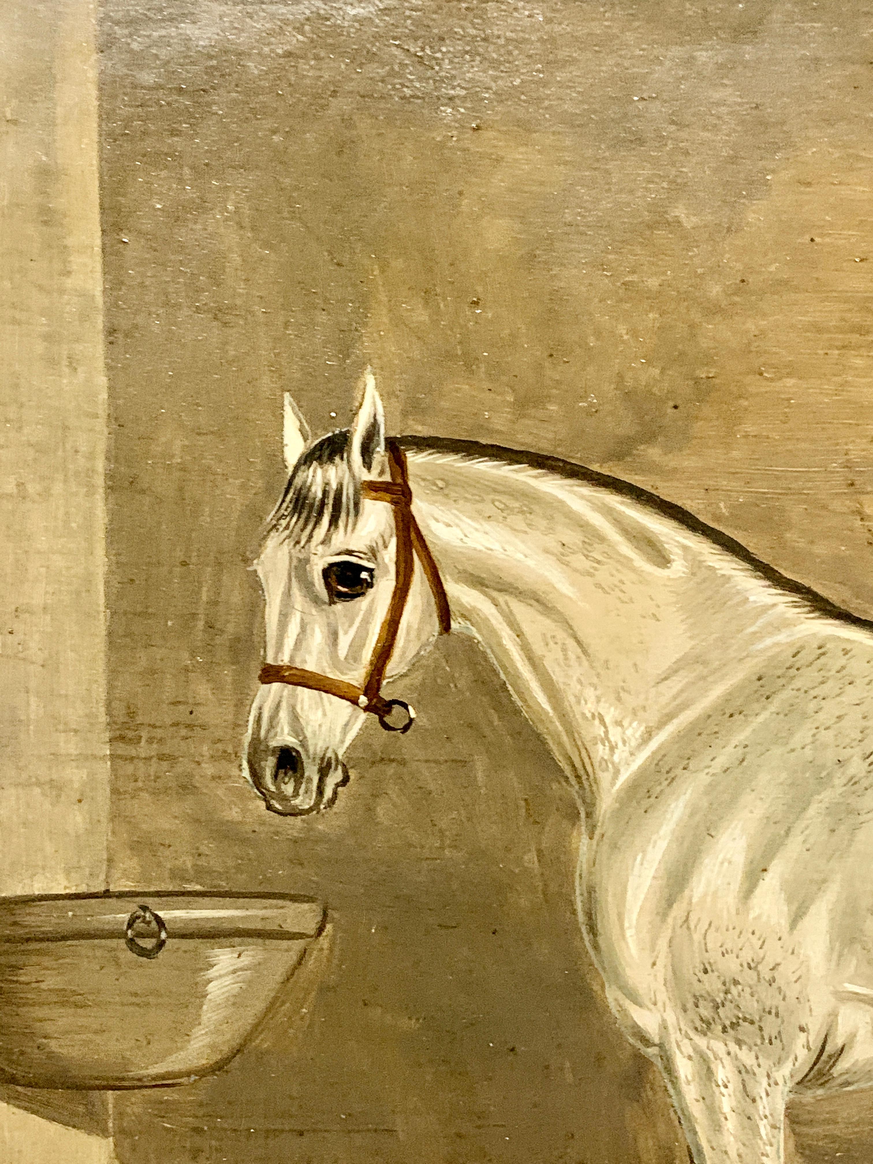 19th century Antique Portrait of an English Gray Horse in a stable in oils. 2