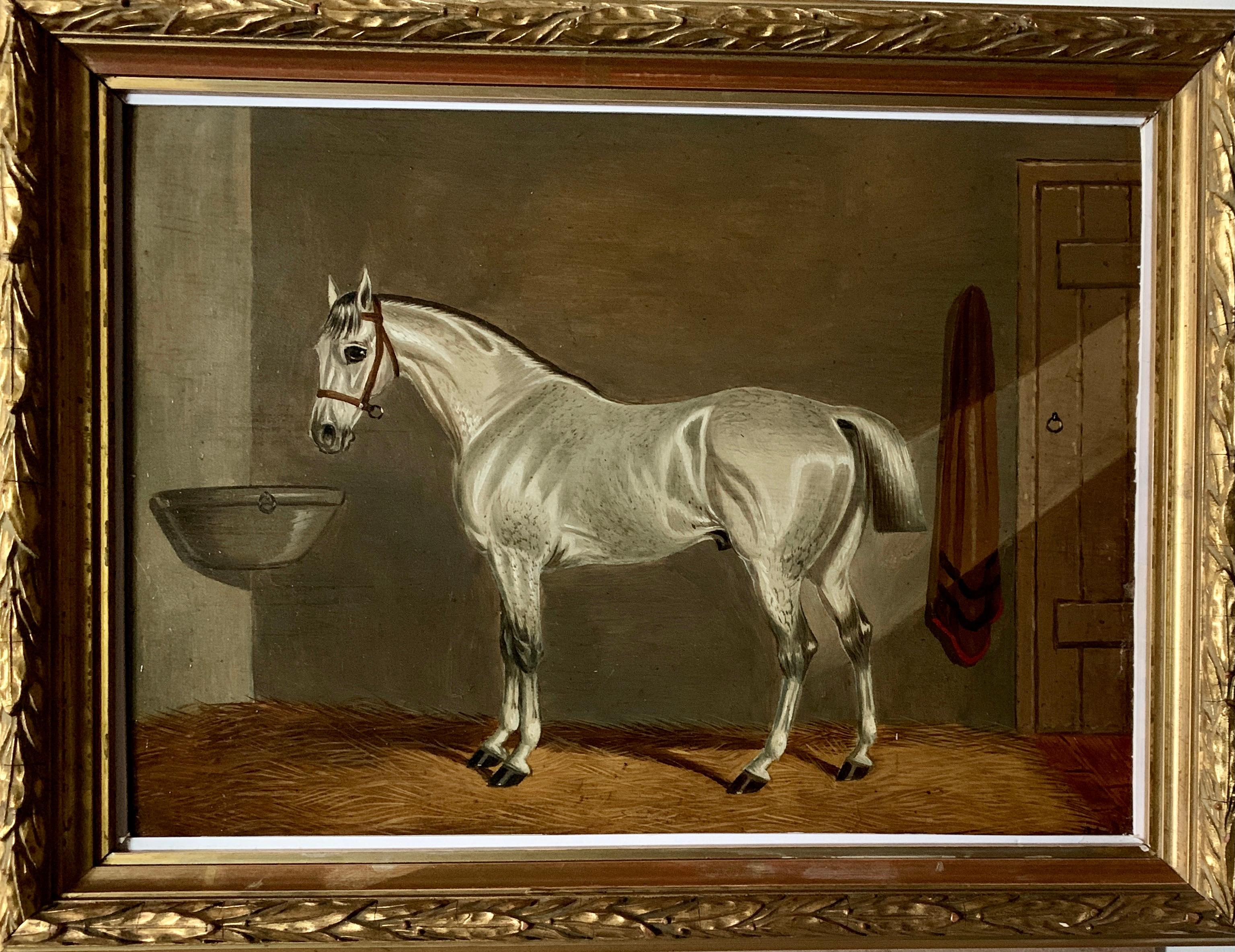 Edwin Loder Animal Painting - 19th century Antique Portrait of an English Gray Horse in a stable in oils.