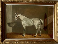 19th century Antique Portrait of an English Gray Horse in a stable in oils.