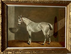 19th century Antique Portrait of an English Gray Horse in a stable in oils.