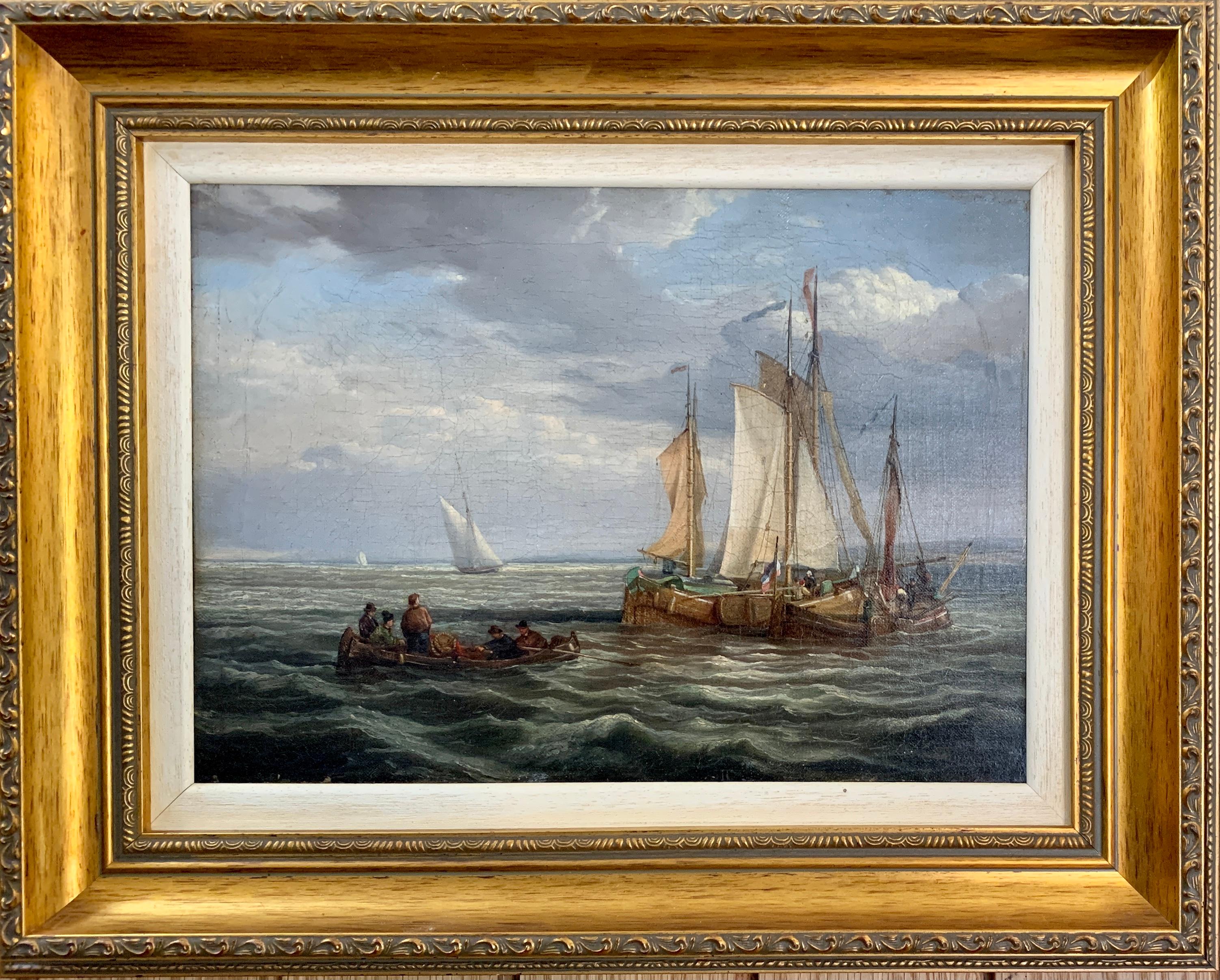 Antique Dutch 19th century ships at sea, fishing boats, men rowing.