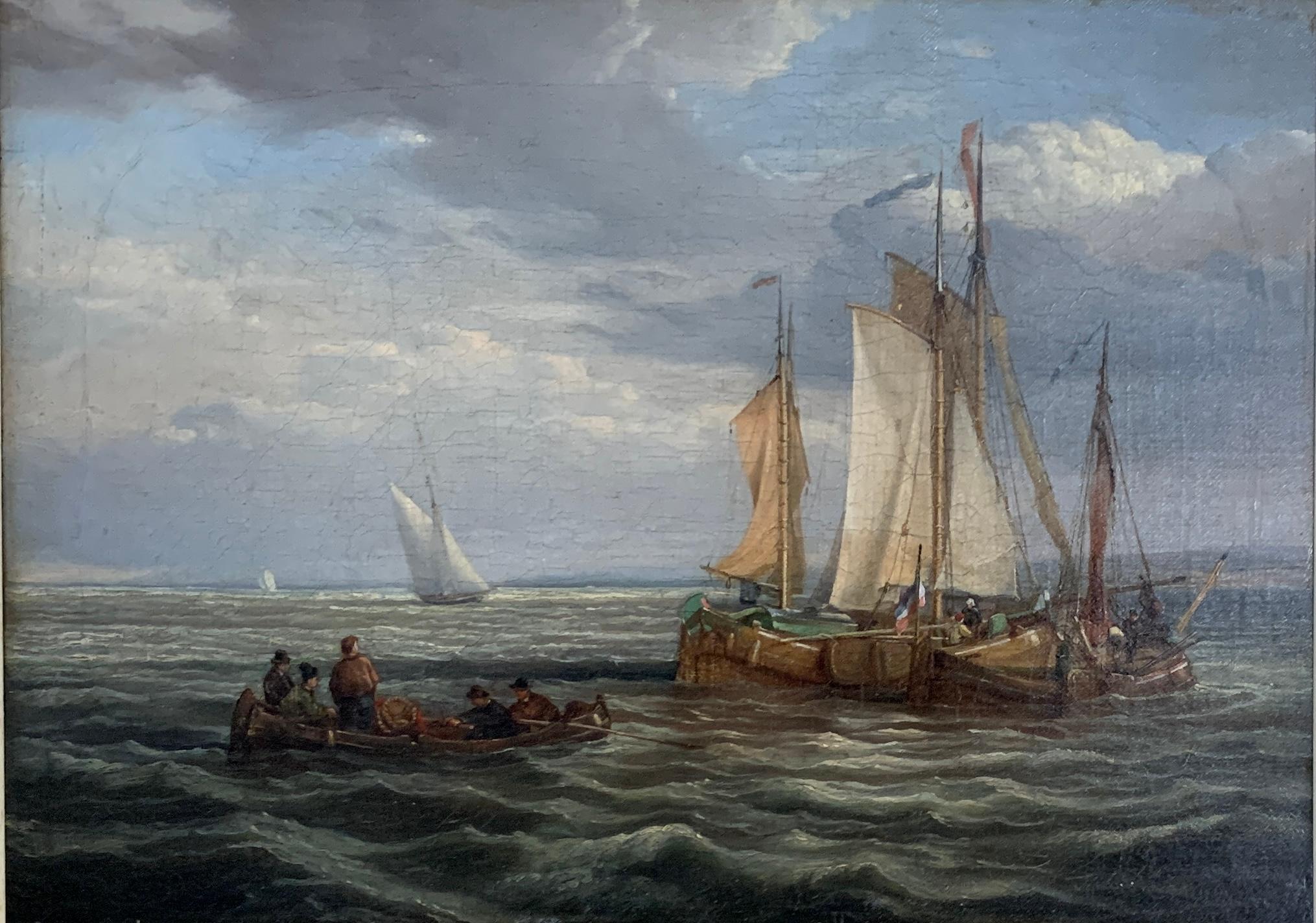 Antique Dutch 19th century ships at sea, fishing boats, men rowing. - Painting by Dutch 19th century School