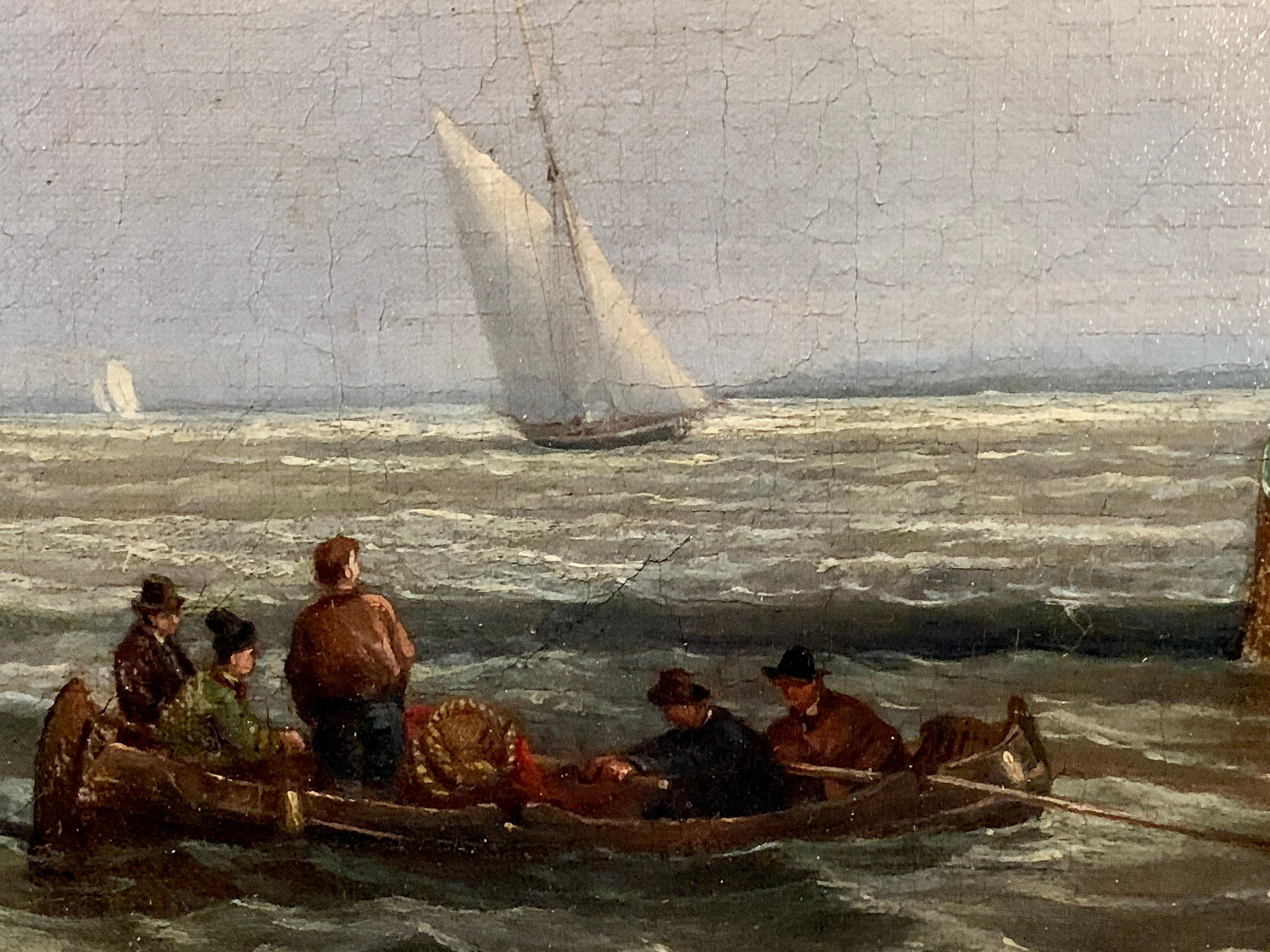Antike niederländische Schiffe des 19. Jahrhunderts auf See, Fischerboote, Männer beim Schleifen. (Braun), Figurative Painting, von Dutch 19th century School